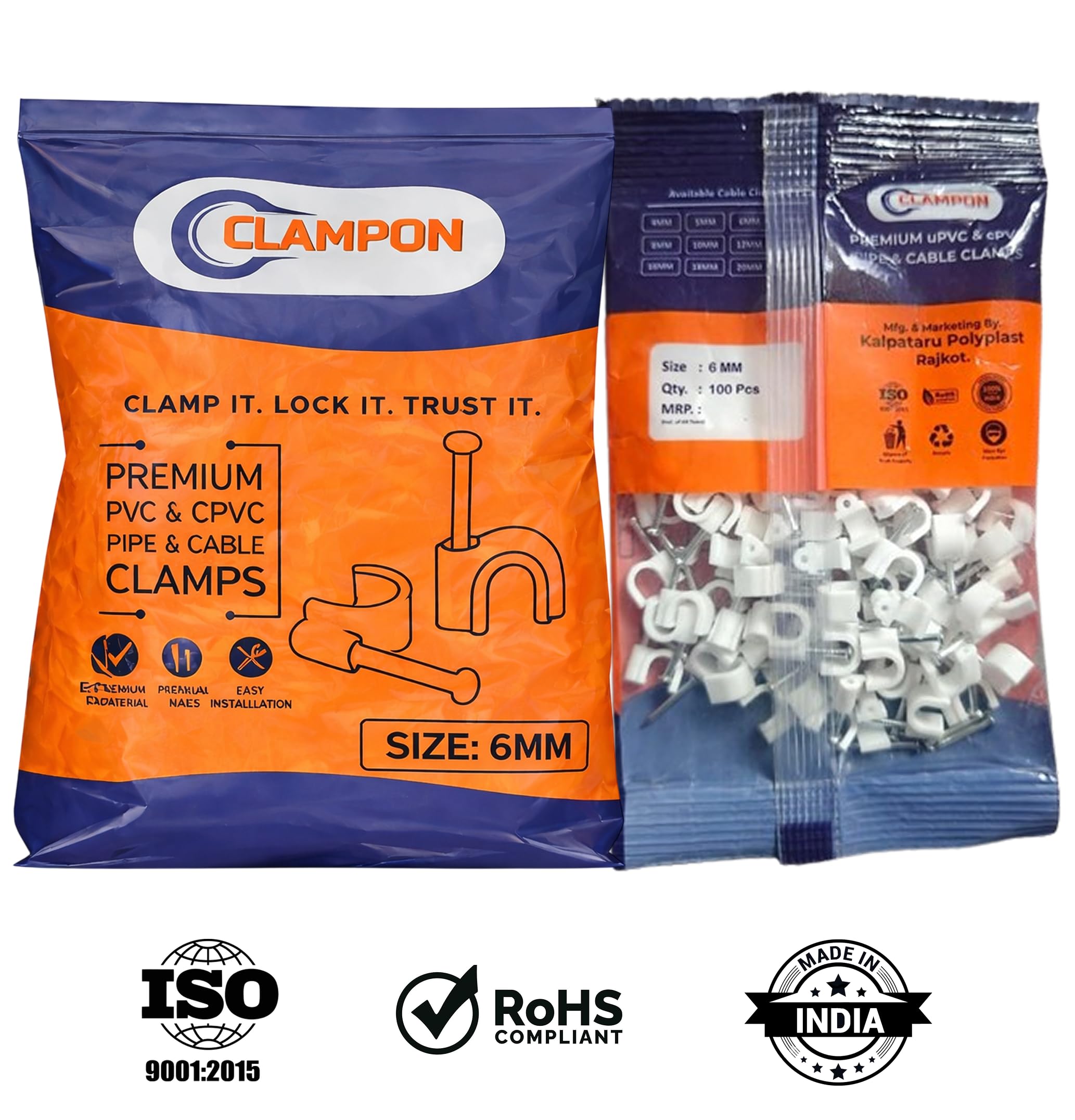CLAMPON 6mm Cable Clips β Pack of 100 | Round Wire Clamps with Metal Nails for Wall-Mounted Cable Management and Cord Organization (Suitable for Cat 6, LAN, CCTV, and Other 4-Core Wire Cables) 3