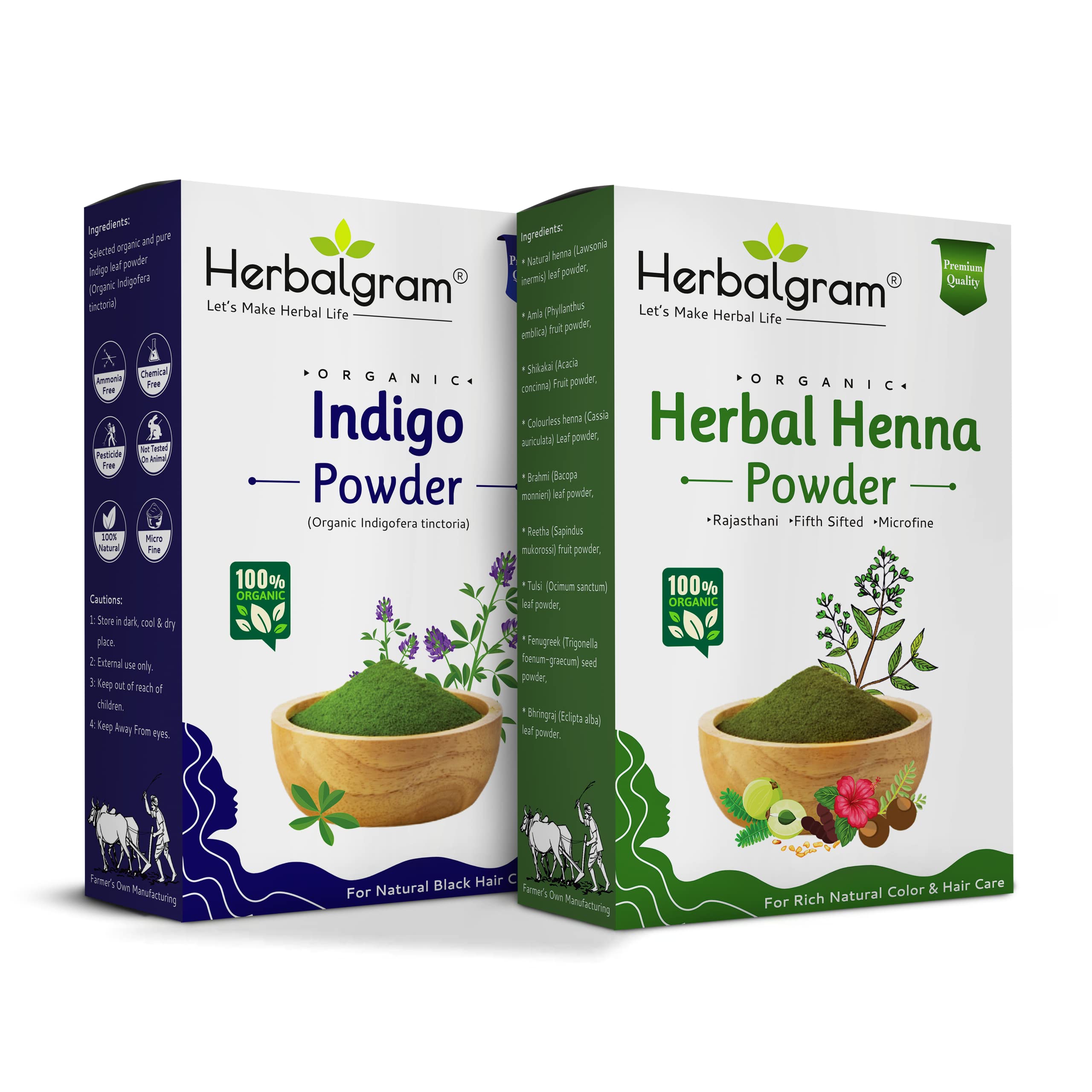 Herbalgram Indigo Powder & Henna Powder 200gm Combo | 100% Natural & Triple-Sifted Herbal Powders For DIY Hair & External Use | No Additives Pack of 2 x 100gm-image-1