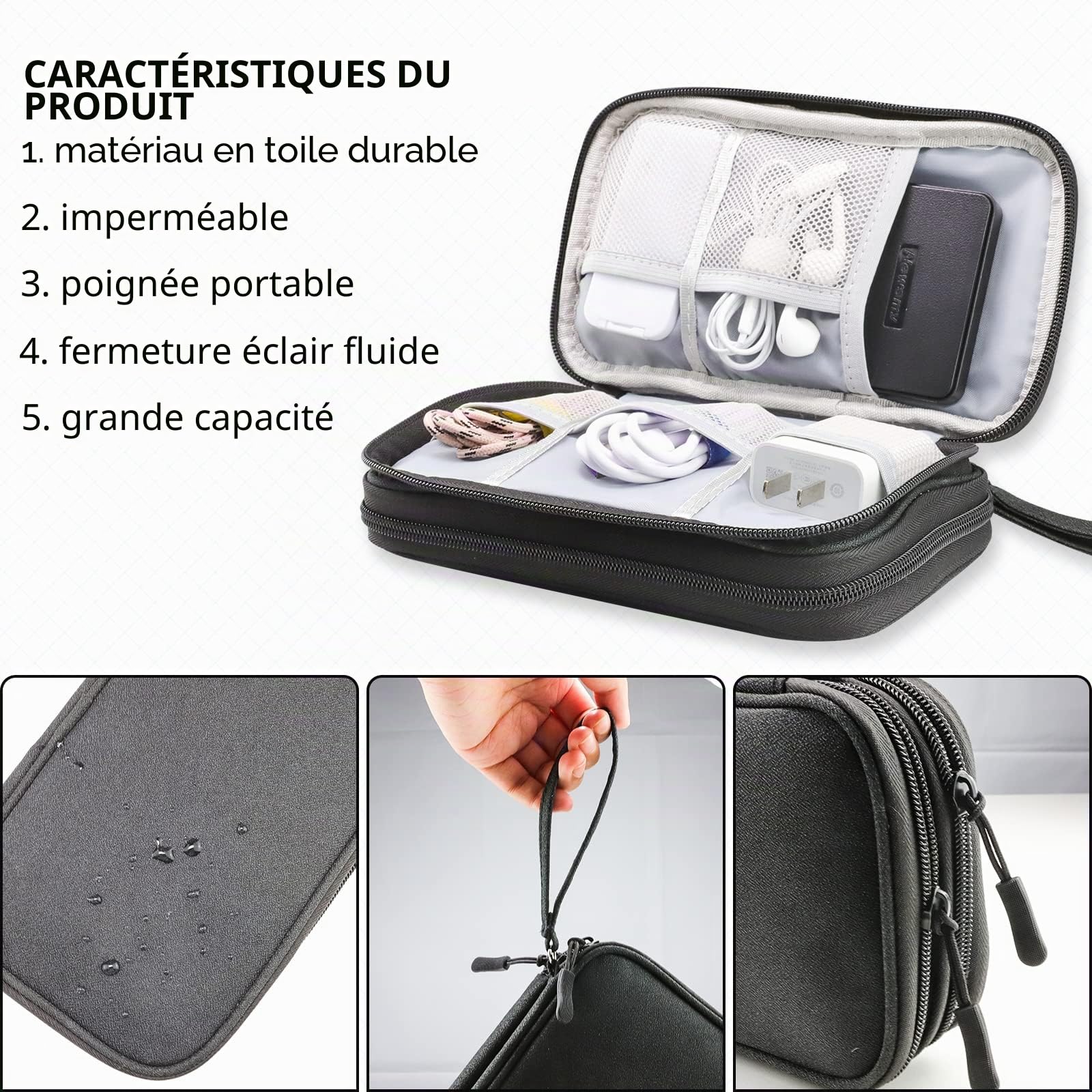 Teskyer Sac de Rangement Câble Étanche Antichoc 2 Couche Noir