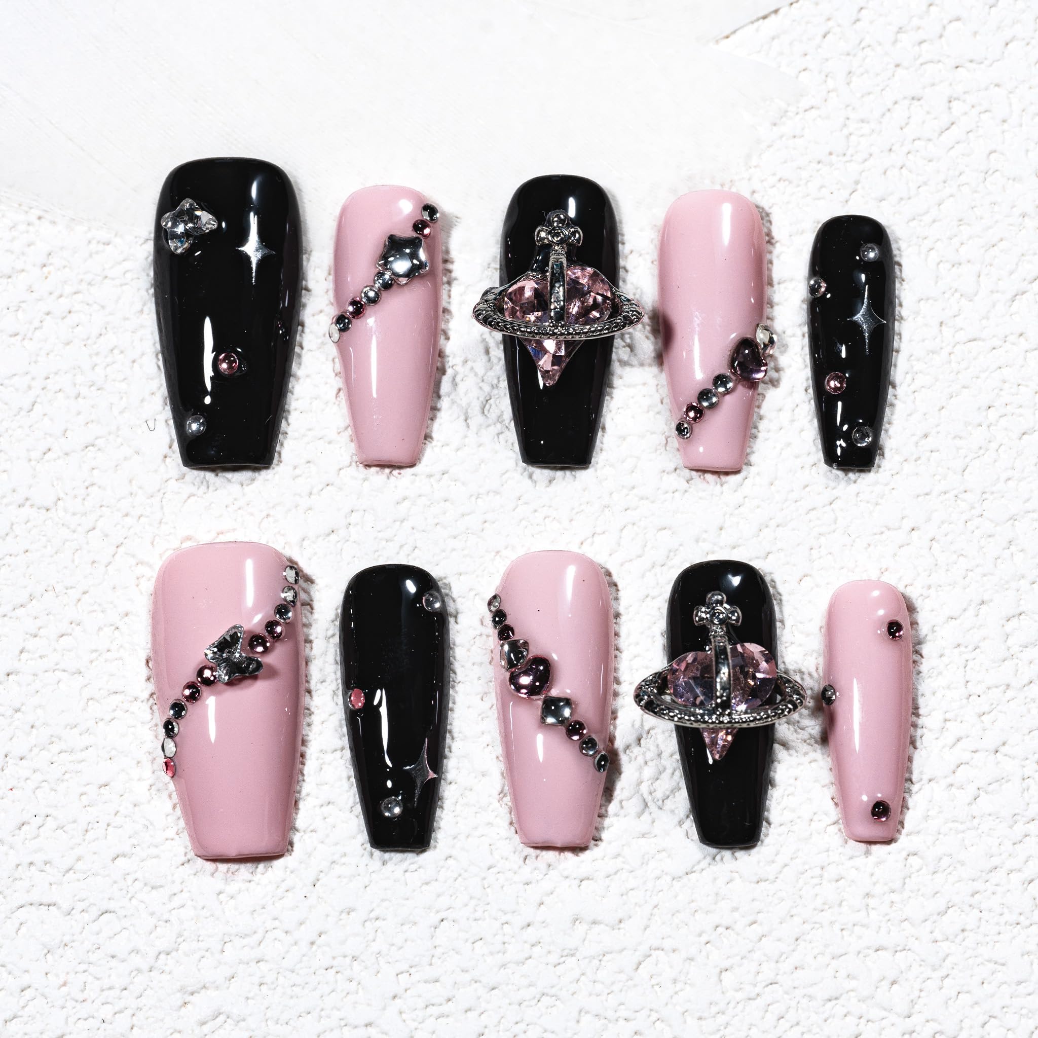 Sun&Beam Nails Handmade Press On Nail Long Coffin Ballerina Pink Flower Acrylic Fake Tip 3D Design Art Charms Cute with Storage Box 10 Pcs (S) — view 307