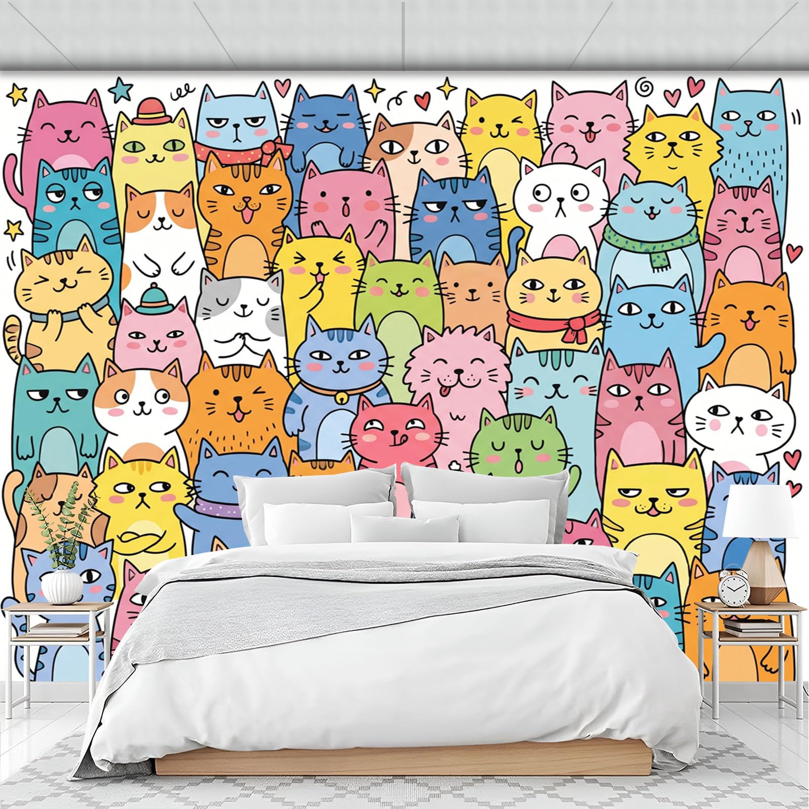 Papier peint panoramique chats colorés en soie de luxe jaune pâle 250x175