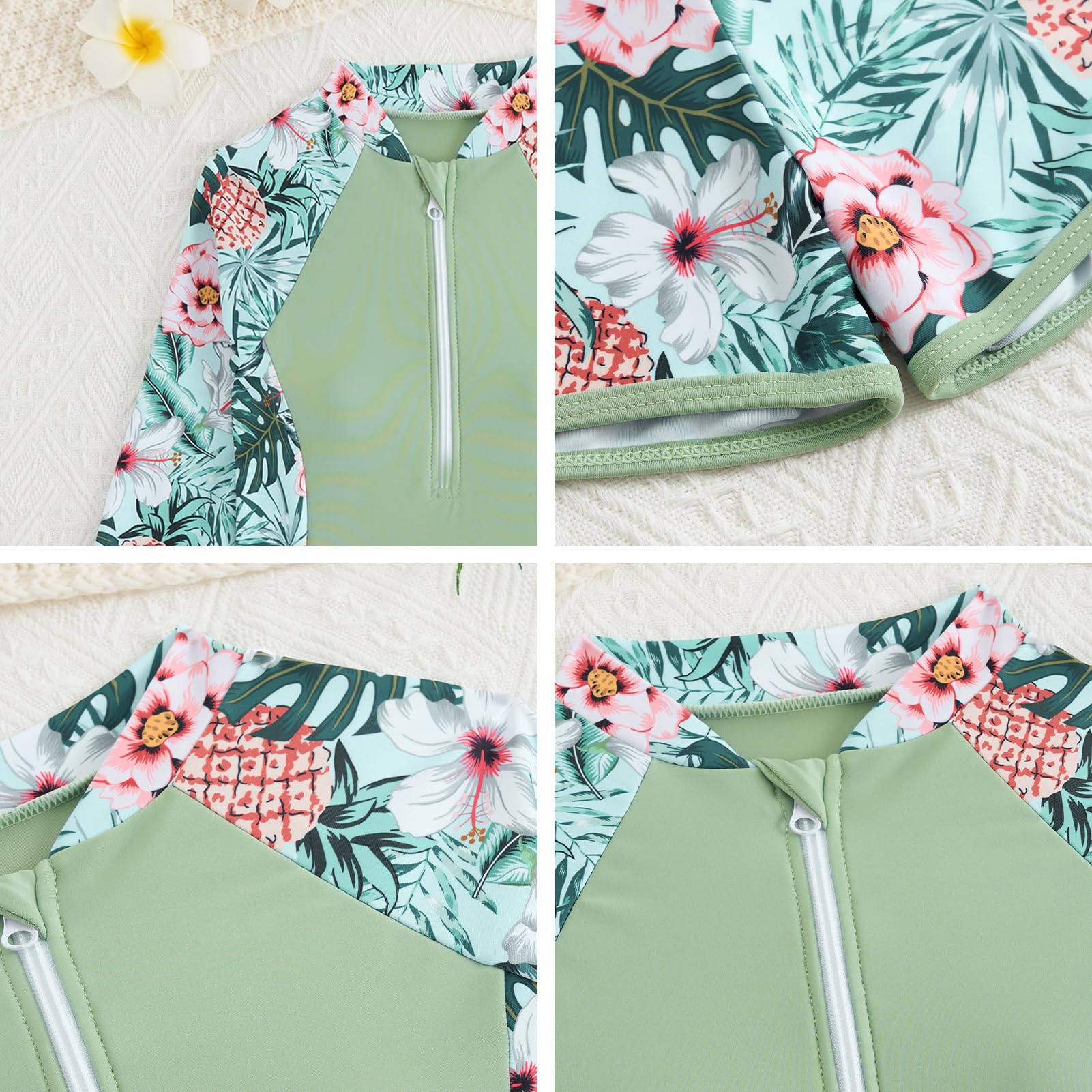 Odizli Badeanzug Mädchen Kinder Blumen Langarm Reissverschluss Badeshirt + Badeshorts Tankini Set