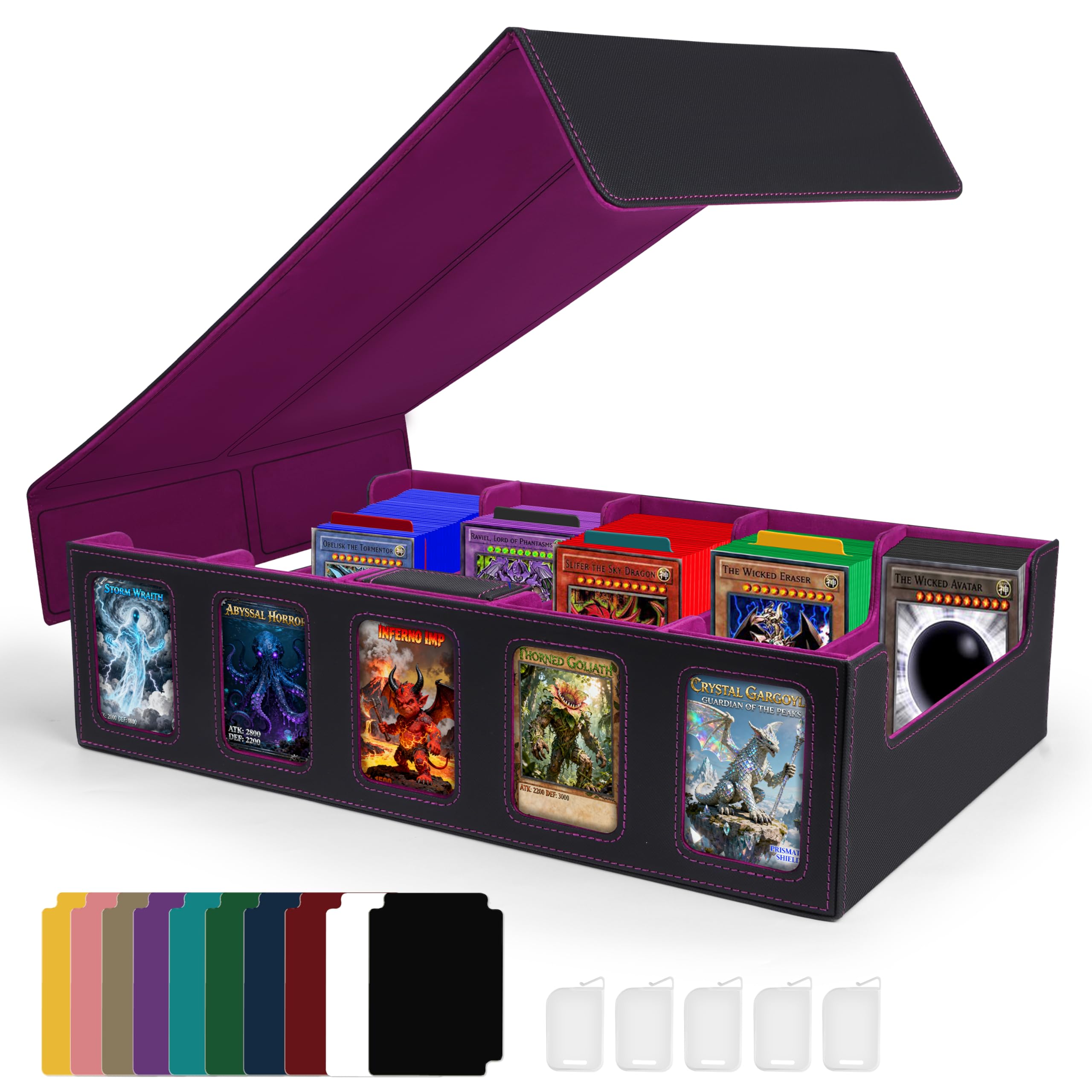 Charmofun Deck Box per Carte, Magnetic Scatola di Carte da Collezione per Oltre 2800+, Porta Deck con Pelle PU e Chiusura Magnetica, 10 Divisori per Carte, 4 Clip Divisorie (Viola, Viola)
