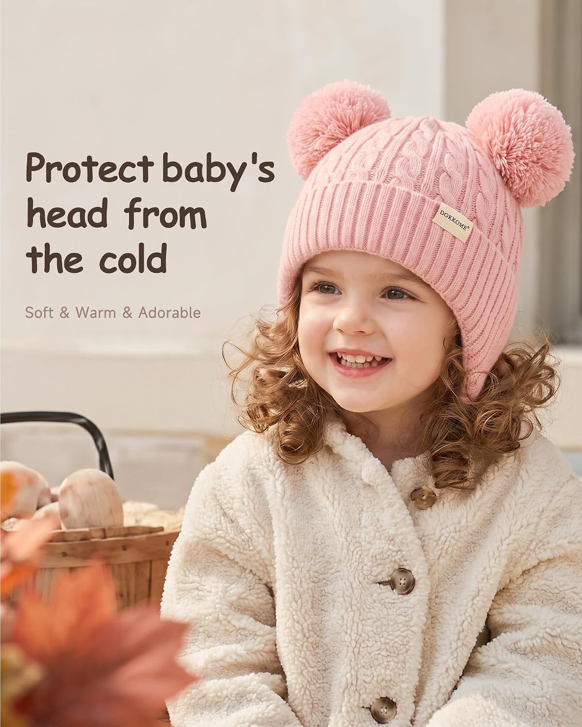 2 Pack Baby Beanie Stain Lined Winter Hat with Earflaps Toddler Kids Girls Boys Knit Pompom Caps Warm