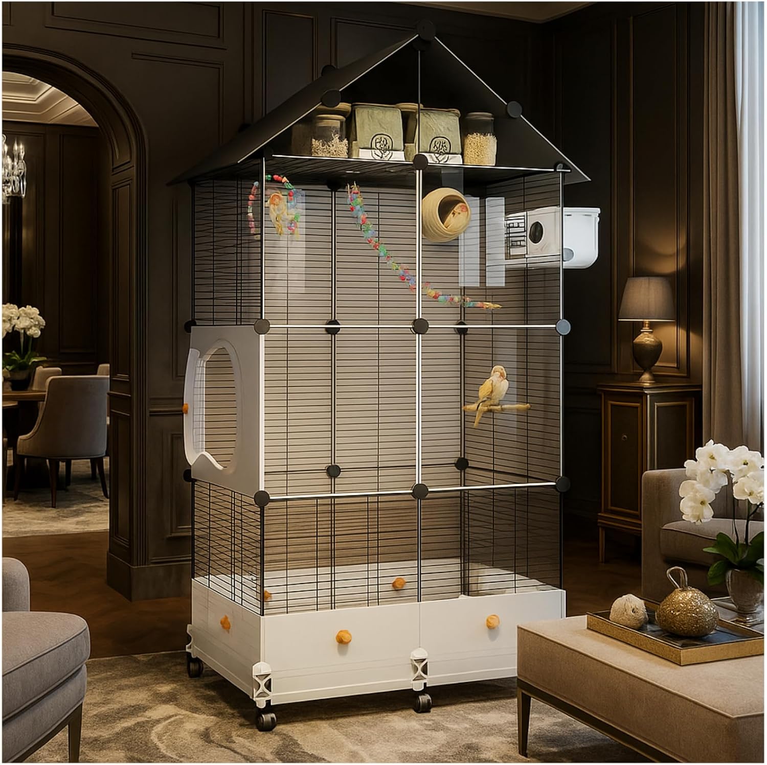 60in Large Flight Bird cage, Equipped with Bird's Nest， Ladder, Swing, Feeder, etc. with Wheels for Easy Outdoor Movement, Suitable for Parrots, Pigeons (Black)