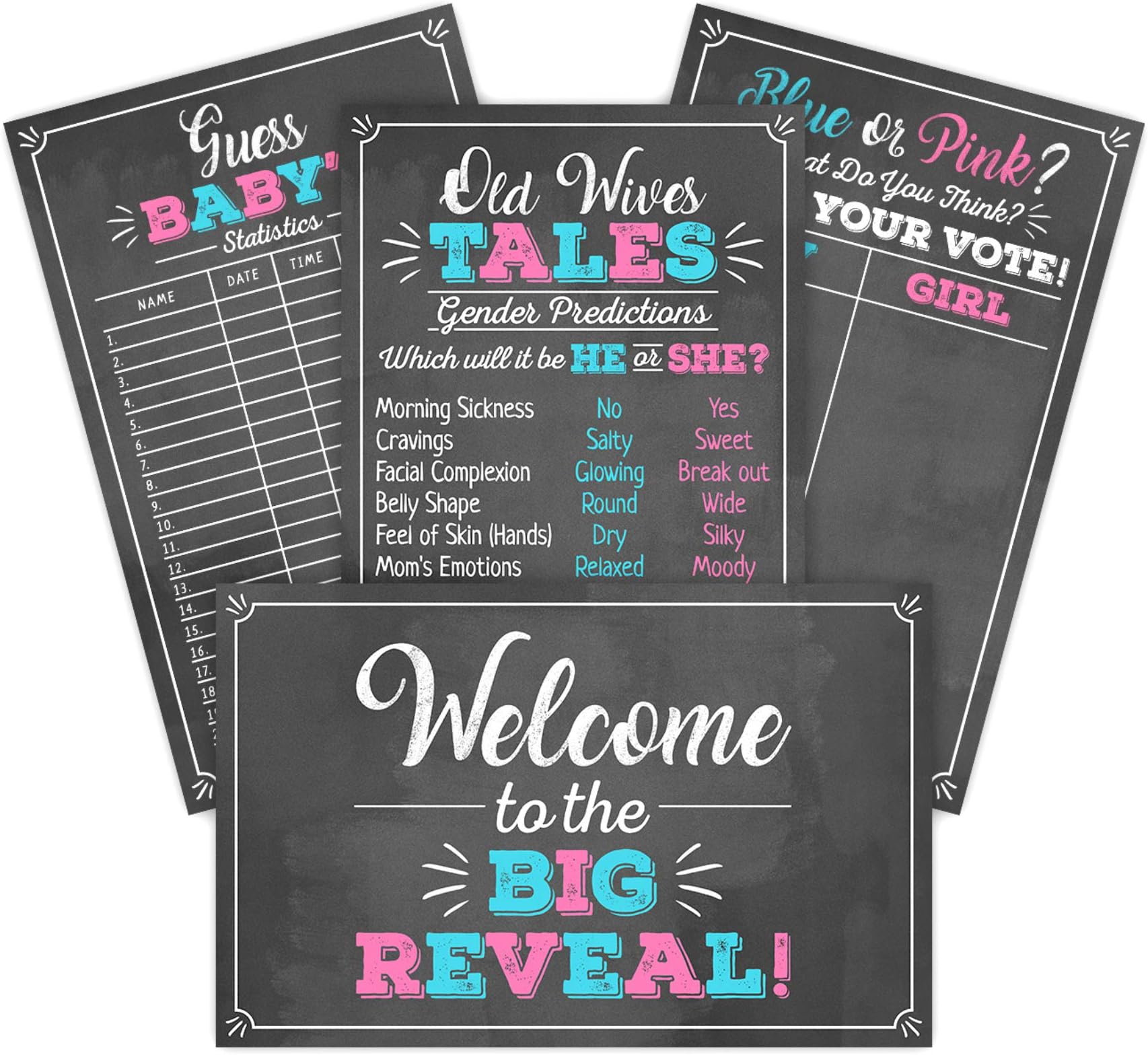 4 Gender Reveal Party Game Posters and Decorations Kit- 11 x 17"- Old Wives Tales, Voting Scoreboard, Baby Birth Predictions, Welcome Sign & A White Metallic Marker- Black, Pink & Blue- Boy or Girl