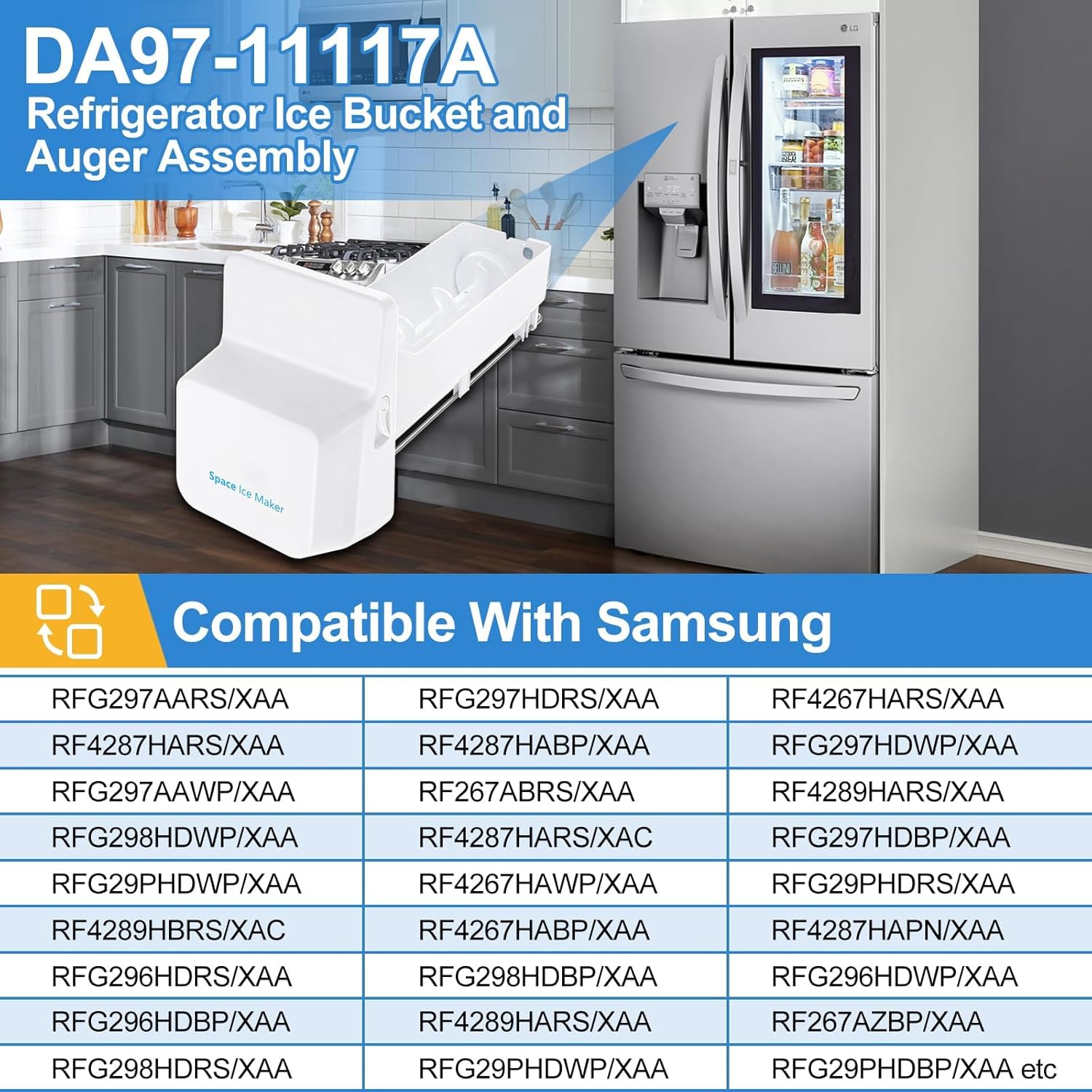Upgraded DA97-11117A Refrigerator Ice Bucket Compatible with Samsung Ice Maker Replacement RFG297AARS RF4287HARS RF4289HARS RF4267HARS RFG297HDWP RFG297HDRS RF267ABRS RFG296HDRS Ice Maker Tray Parts