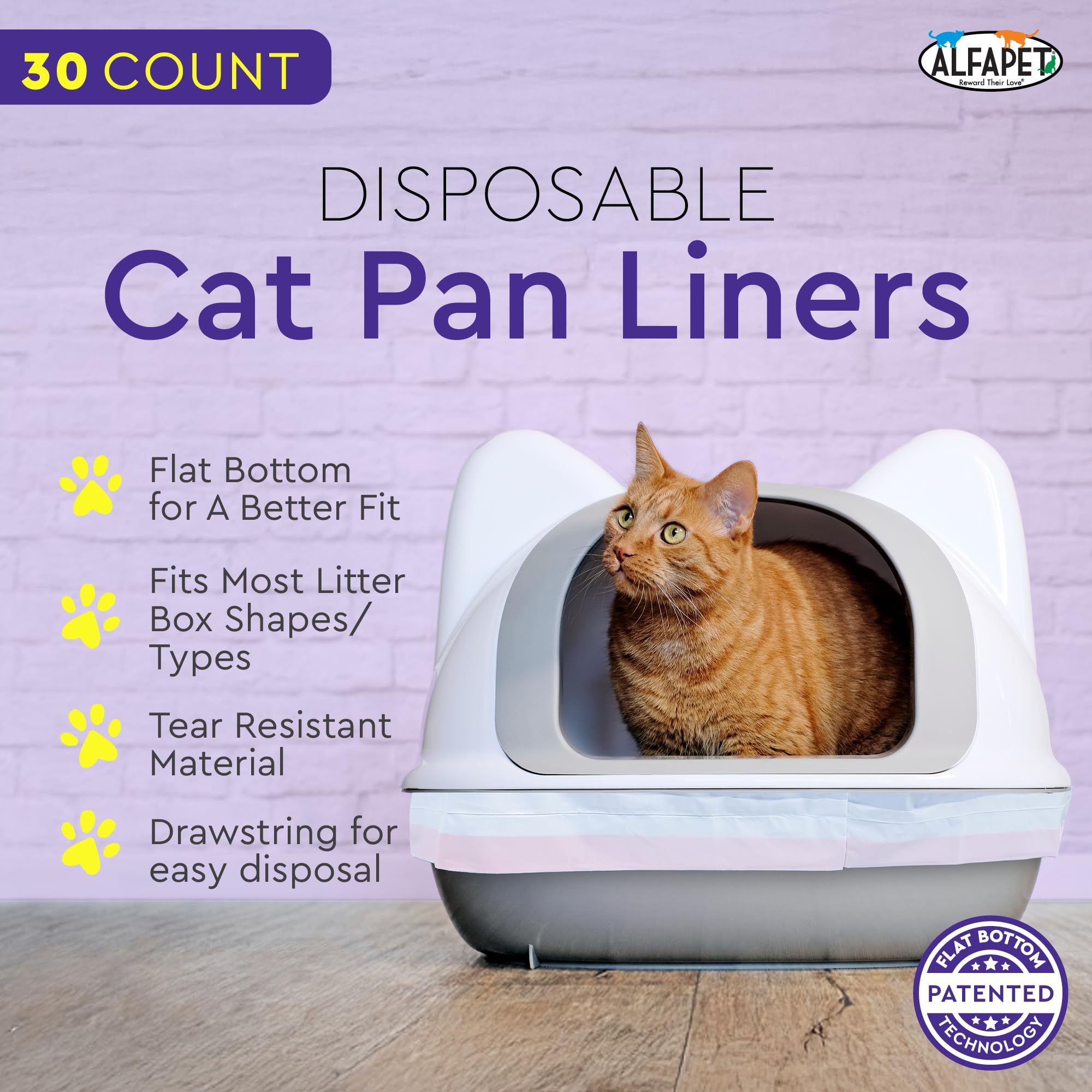 Alfapet Forros para caja de arena para gatos, extragrandes, 30 bolsas de plástico resistente de 2 mil de grosor, forro inteligente con cordón para una fácil eliminación, parte inferior plana para una