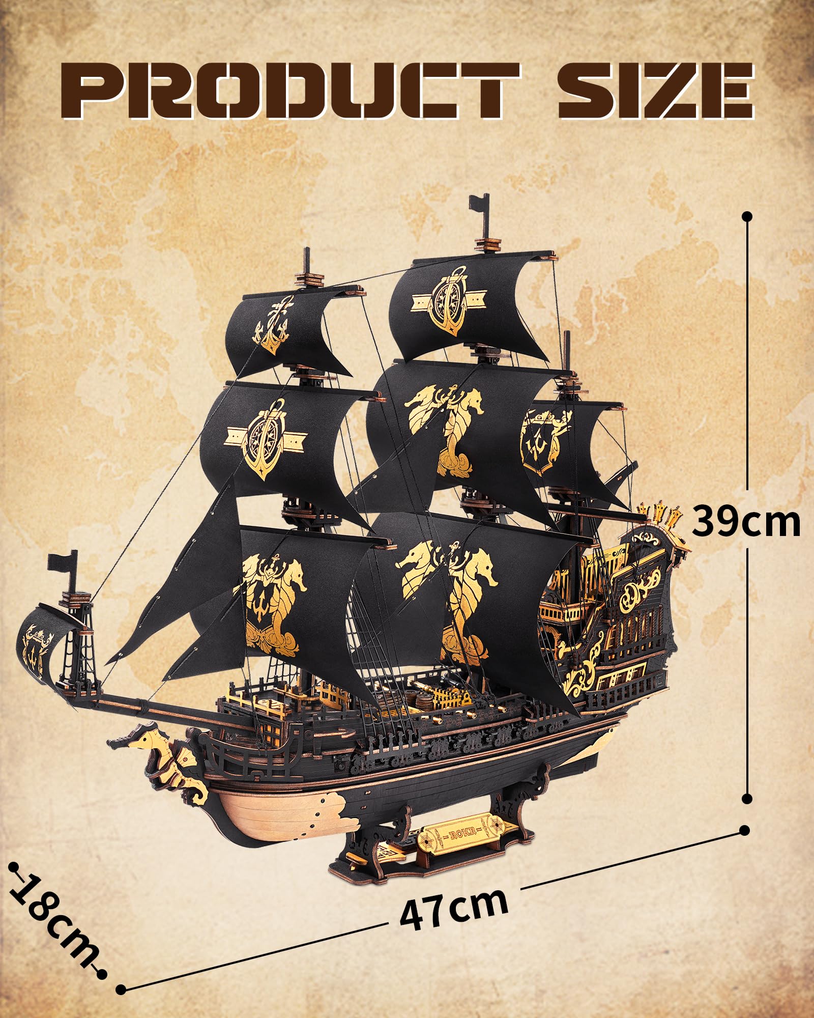 ROKR Puzzle 3D, drewniane puzzle, modelarstwo, łódź, zestaw do budowy drewna, konik morski, Boże Narodzenie, prezent urodzinowy dla młodzieży i dorosłych, The Seahorse Barque MCB02