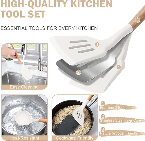 Miniatura 5 de Herogo Juego de 8 utensilios de cocina de silicona antiadherente con mango de madera, resistentes al calor, de grado alimenticio, incluye espátula,