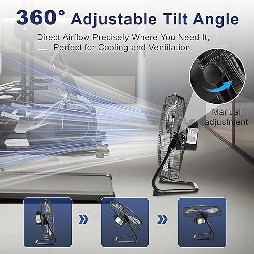 Miniatura 5 de Xcity Ventiladores de piso industriales de metal de 12 pulgadas, máximo 1800 CFM, ventilador de alta velocidad resistente con inclinación ajustable