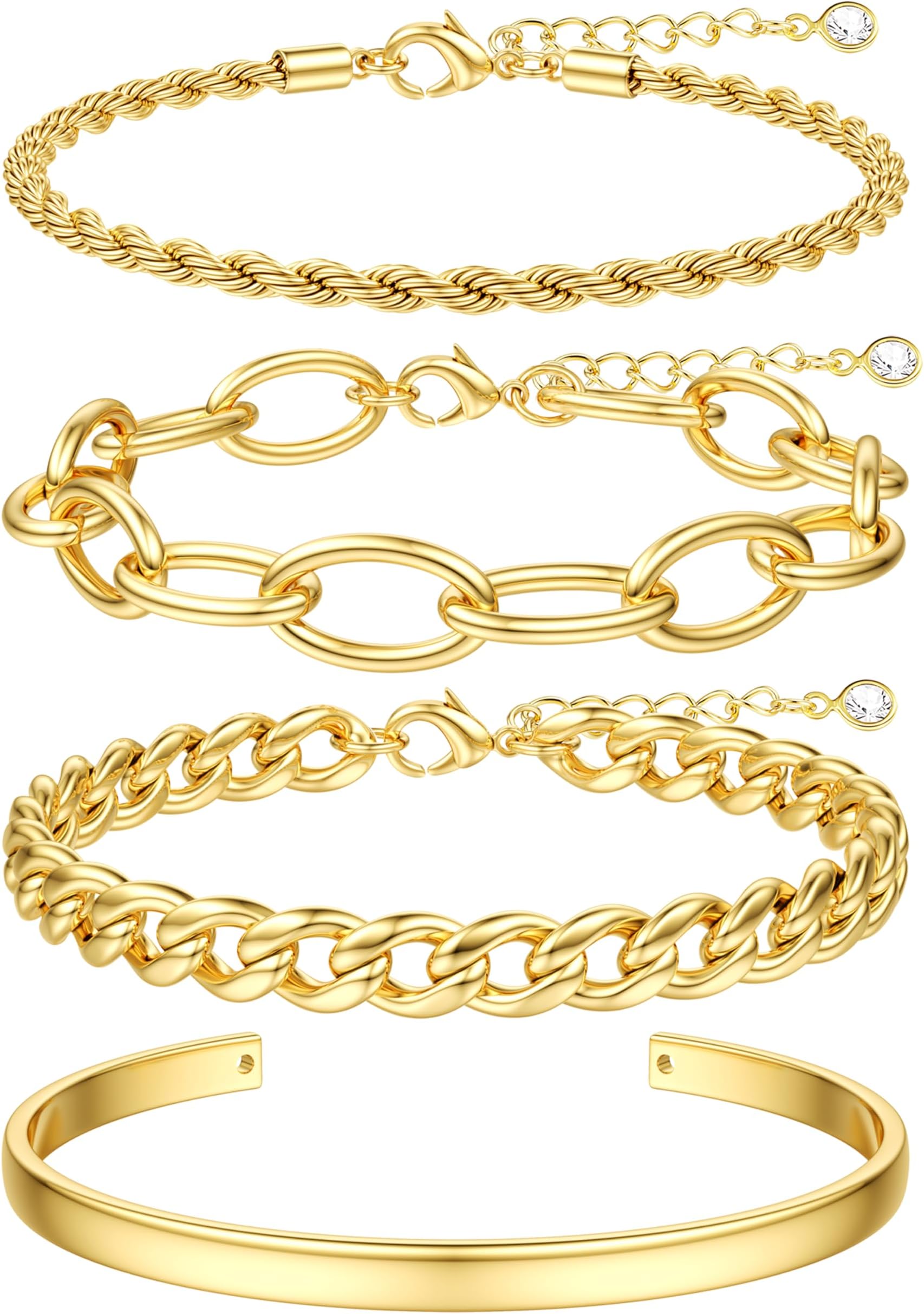 16k Chunky Gold Plated Bracelets for Women Non Tarnish, Womens Gold Plated Bracelets Stack Layered Chunky Chain Bracelets Waterproof Bangle Cuff Bracelet Mothers' Day Jewelry Gifts