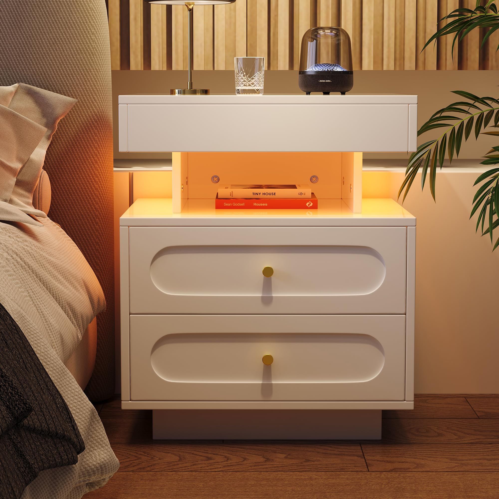 Stolik nocny z oświetleniem LED – 2 szuflady i otwarta półka, biały, szer. 50 x gł. 40 x wys. 60 cm, komoda nocna bez gniazdka (LED), wąski stolik pomocniczy do sypialni, stolik nocny
