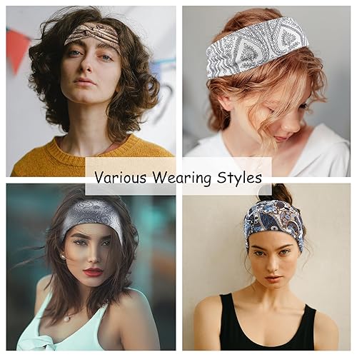 Miniatura 5 de Achiou Paquete de 6 diademas anudadas para mujer, bandas anchas para el cabello rizado para mujer, bandas elásticas antideslizantes, bandas de pelo