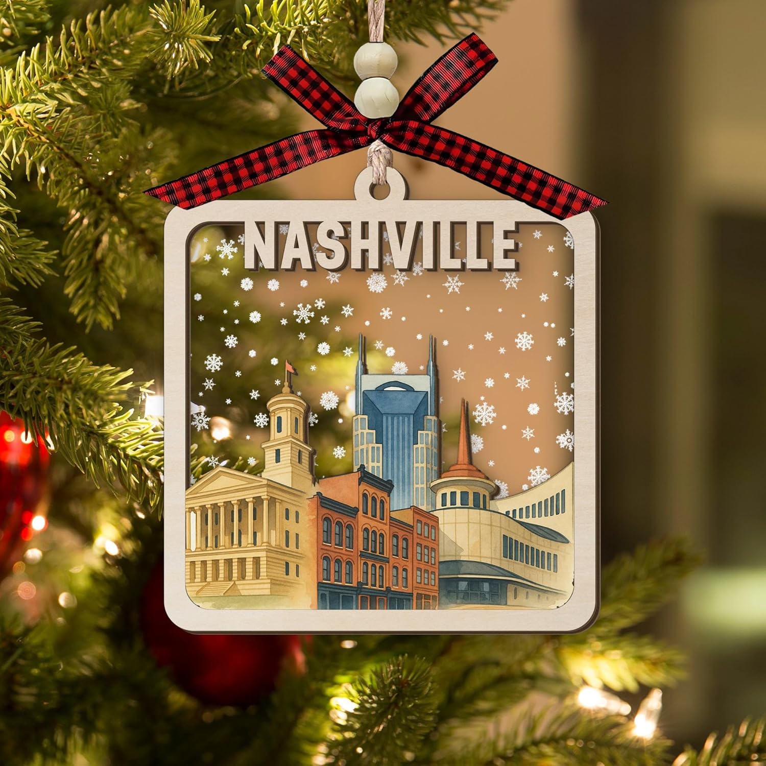 Nashville Wooden Christmas Ornament, 2-Layer Wood and Acrylic Skyline Decoration with State Capitol- Broadway Buildings and Snowy Winter Scene, Holiday Souvenir Gift