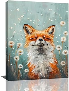 Fox Canvas Wall Art Orange Fox Dandelion Pictures Decor Painting Prints Modern Framed Artwork for Home Bathroom Bedroom Living Room Office 12"x16"