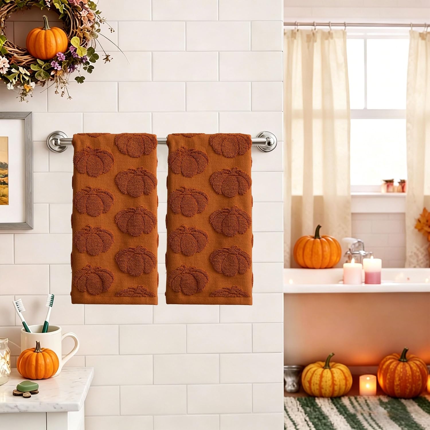 Fall Hand Towels 13.7x29.5 inch Set of 2 Autumn Thanksgiving 3D Rust Pumpkin Reversible Soft Absorbent Decorative Towels for Bathroom Kitchen Bar MJ03A
