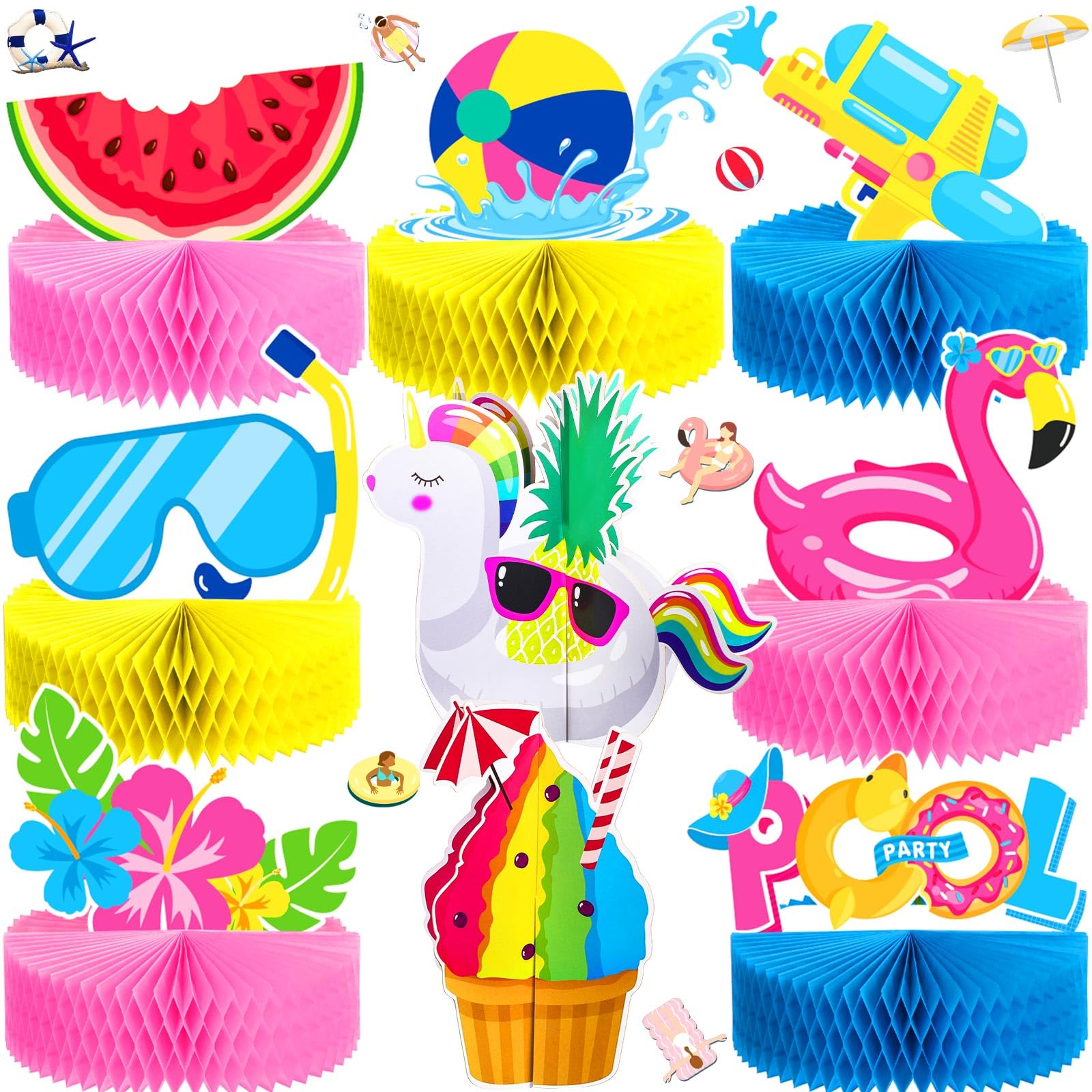 Teling 9 Pcs Summer Pool Honeycomb Centerpieces Pool Beach Party Decorations 3D Double Side Watermelon Honeycomb Flamingo Paper Signs for Back to