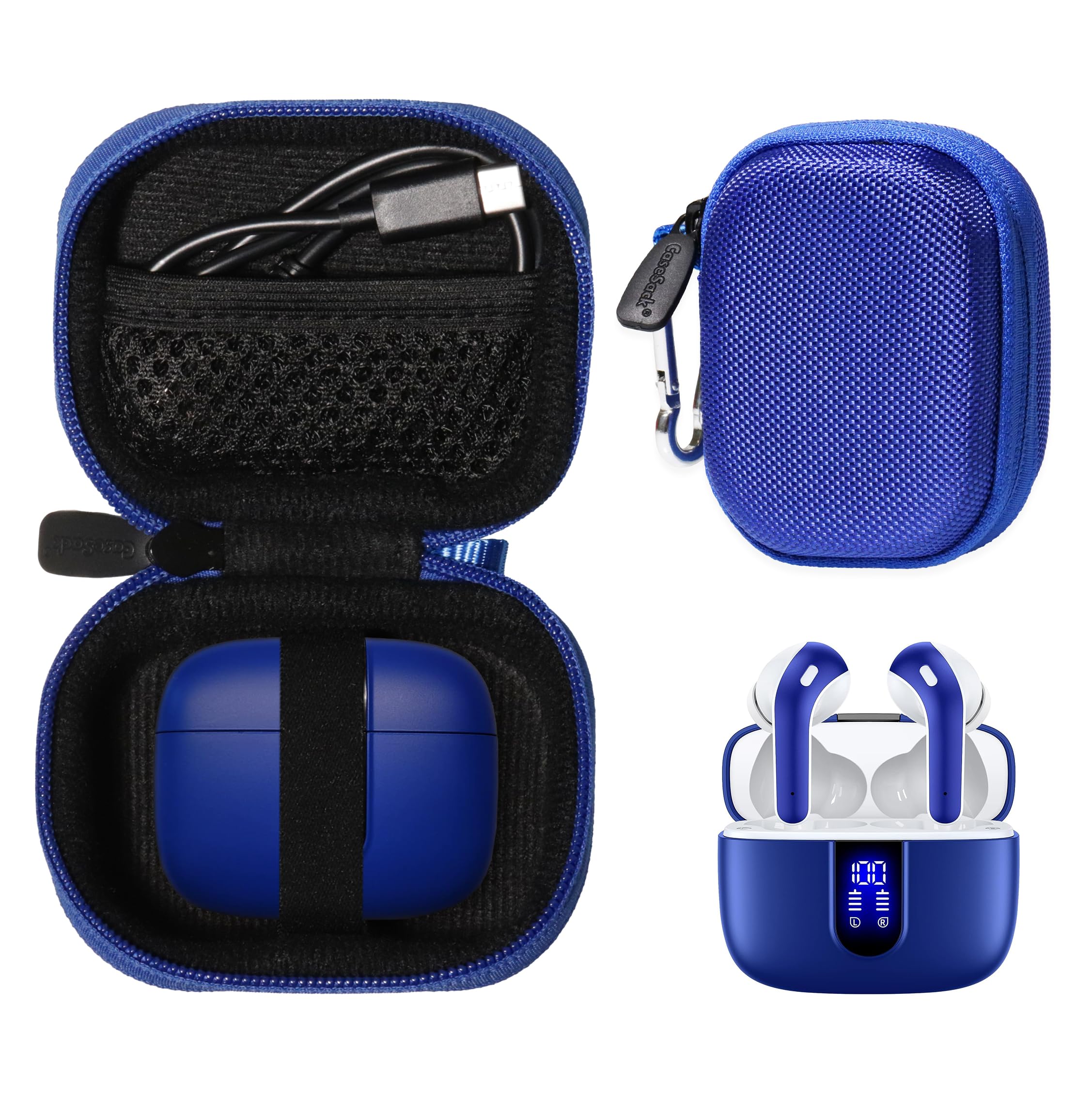 CaseSack Case for TAGRY X08 Bluetooth Headphones True Wireless Earbuds 60H, mesh Pocket for Charge Cable (Blue)
