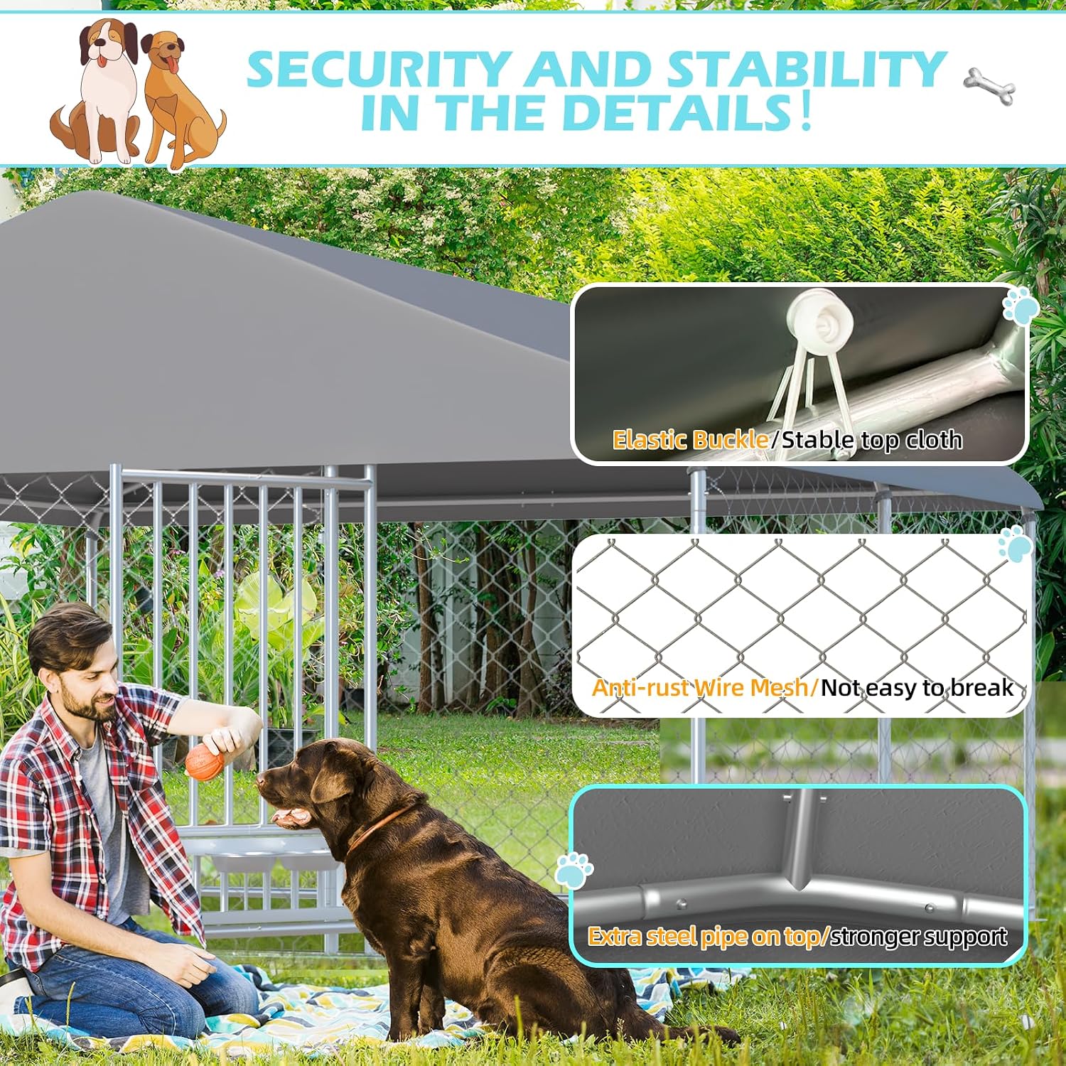 Erinnyees 10'x10' Outdoor Dog Kennel with Roof, Large Dog Kennel Outside with Rotated Dog Bowls, Dog House Pen Enclosure with Secure Lock & Wateproof Sunproof Cover