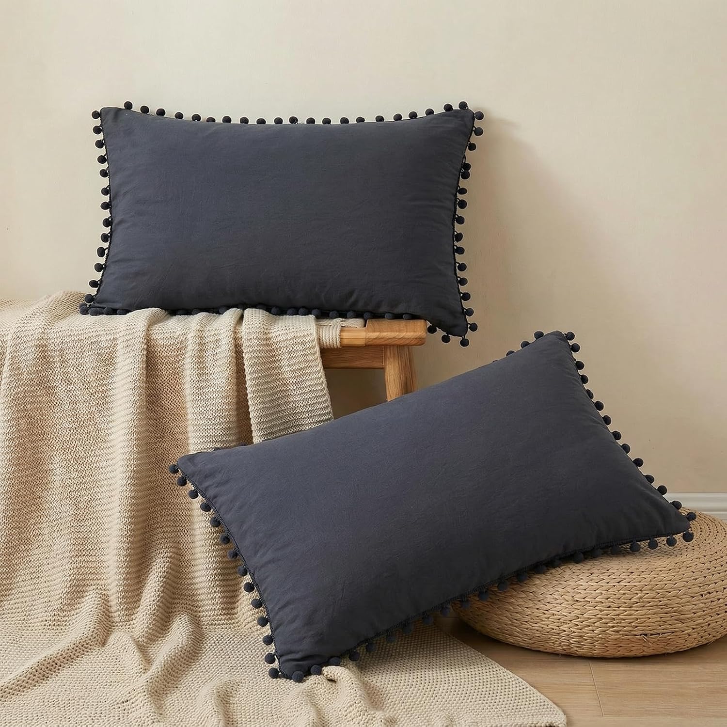 Navy Blue Pom Poms Pillowcases, Dark Blue Standard Queen 20x30 Inches Pillowcases Set of 2, 100% Washed Microfiber, Navy Fringe Pillow Shams, 2 Pack (Standard, Navy Blue)