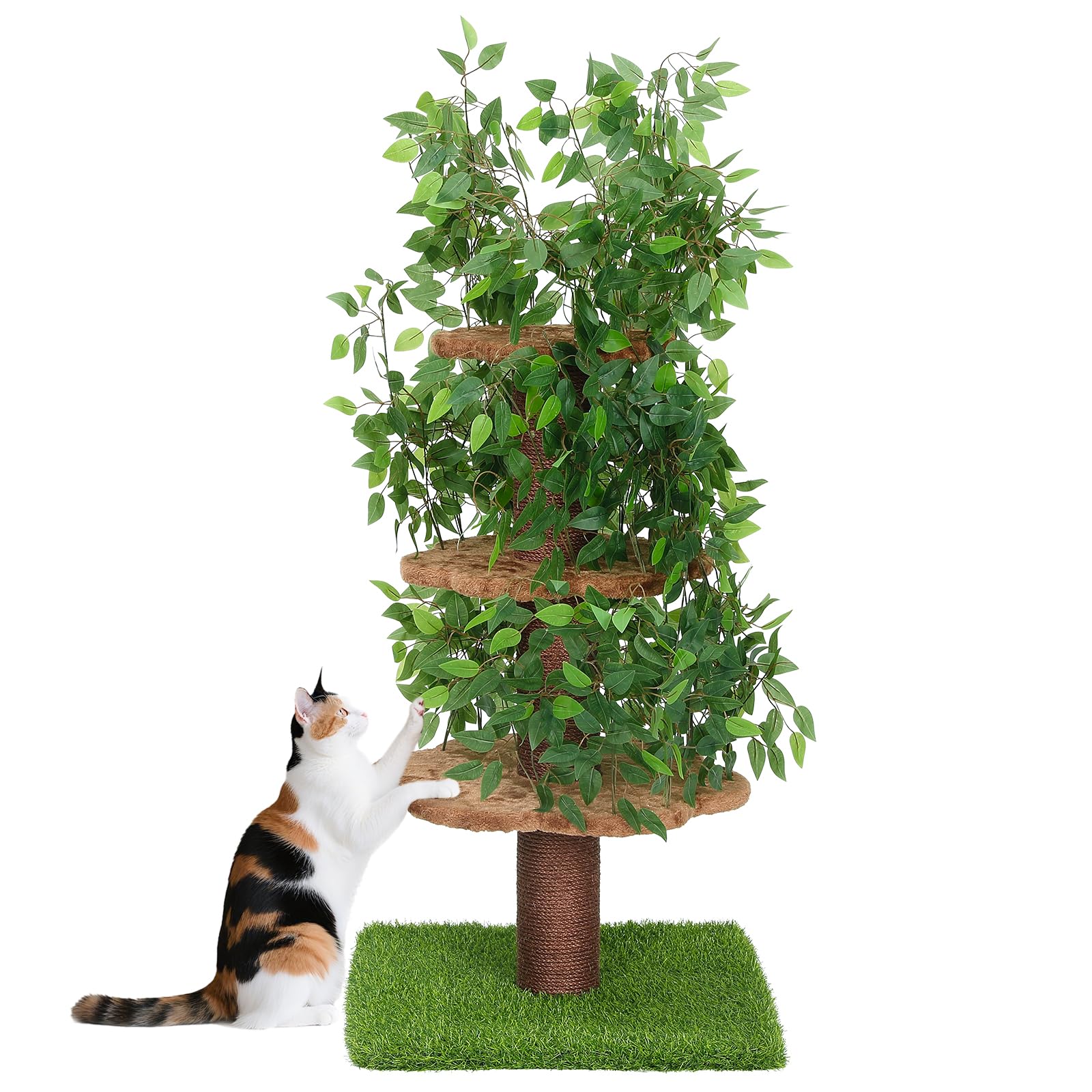150cm Cat Tree Tower Scratching Post with Simulation Ficus Leaf, Multilevel Pet Activity Center for Cats Playing Climbing Sleeping with Safe Sisal Post