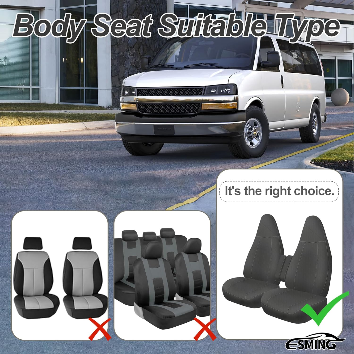 ESMING Front Heavy-Duty Oxford Fabric Seat Covers for Chevy Express 1996-2025 Front Bucket Seats Waterproof and Wear-Resistant, Easy to Install - Gray