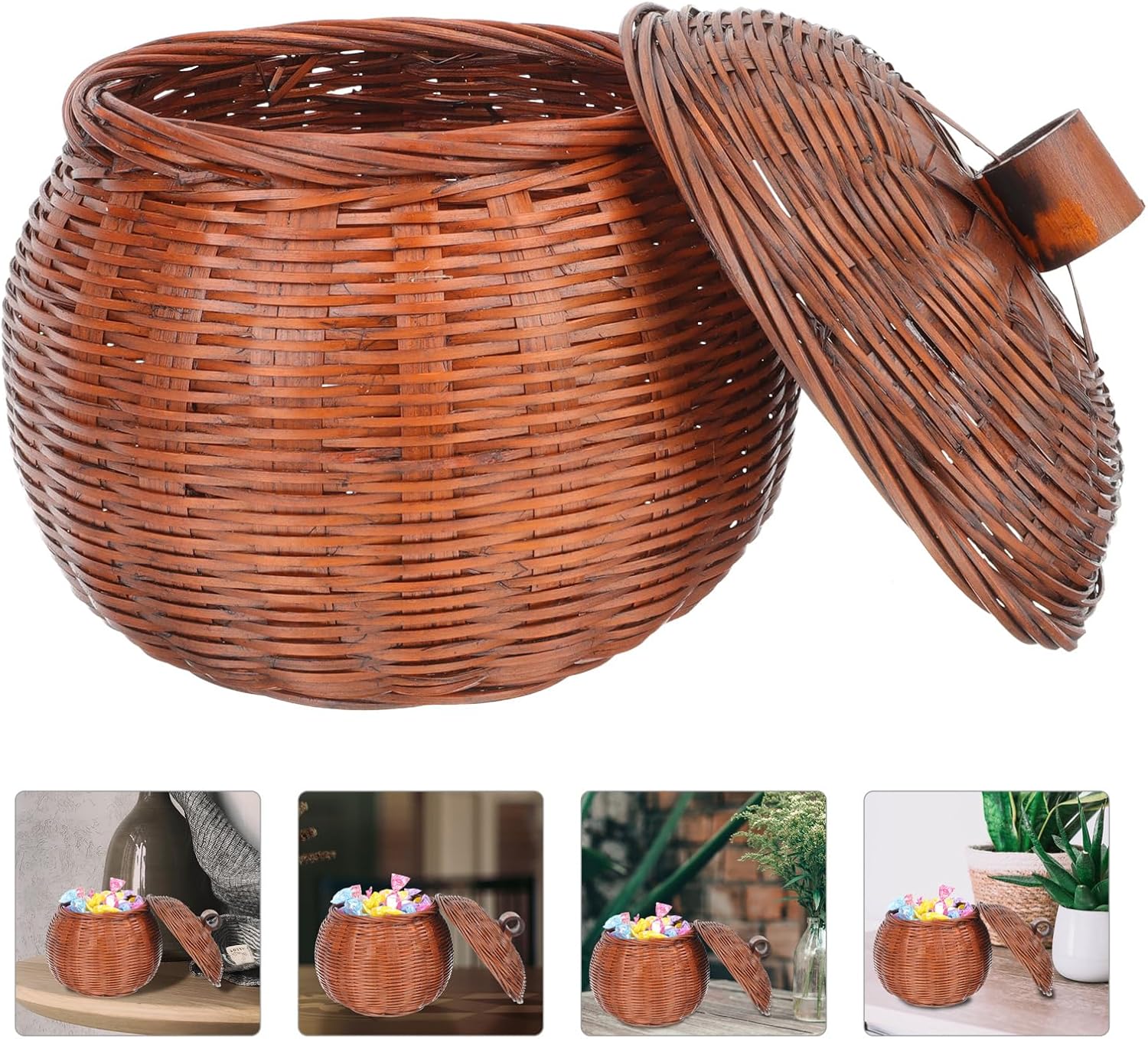Cabilock Small Pumpkin Basket with Lid 5.1 Inch Compact Wicker Pumpkin Storage Bowl for Kitchen Fruit and Egg Holder Decorative Rattan Basket for Dining and Home Organization