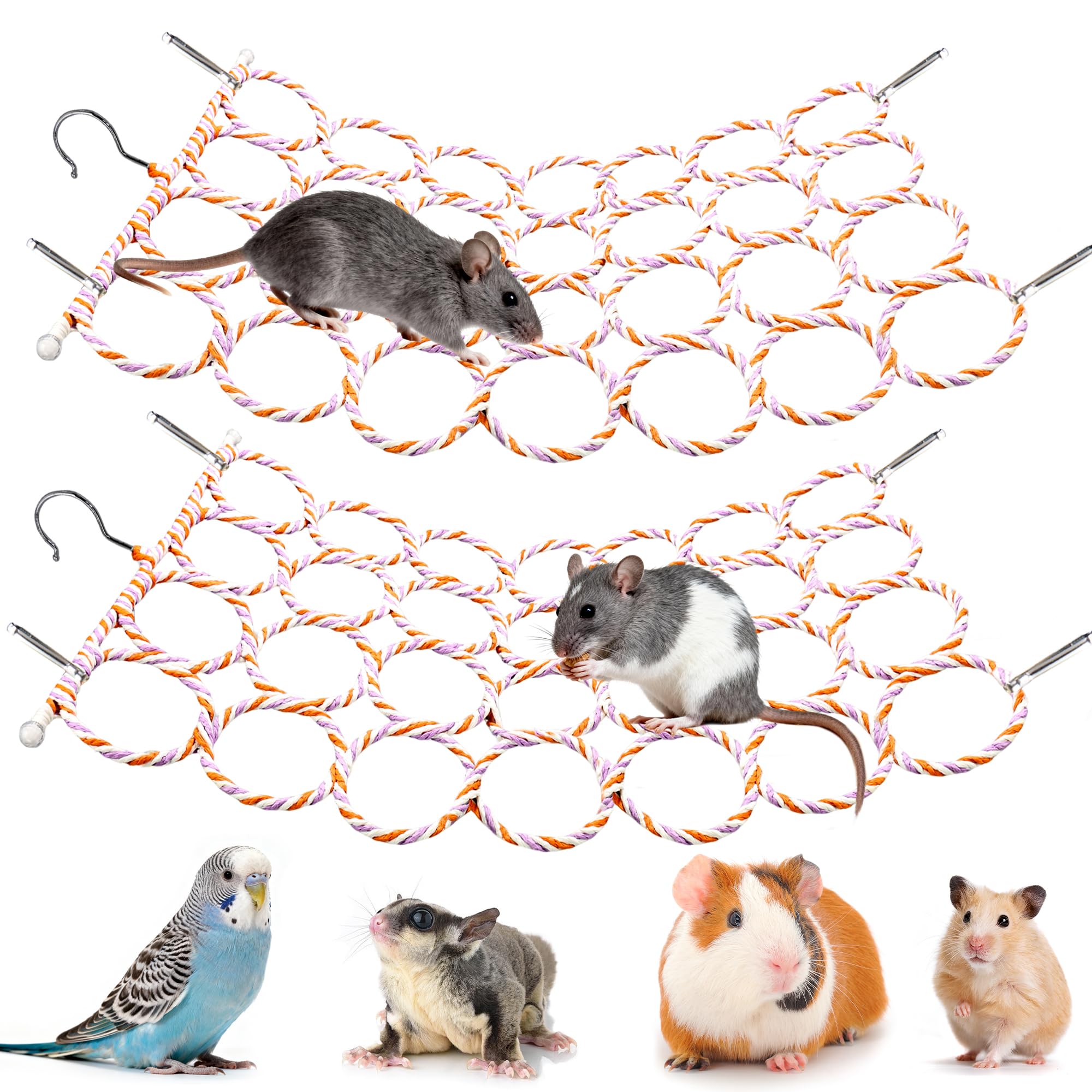 Jevnd 2 Pcs Rat Climbing Rope Net Toy for Cage, Bird Hemp Rope Perch Swing, Ladder Rope Bridge Hanging Hammock, Small Animal Activity Toy for Mouse, Mice, Parrot, Bird (Random Color)
