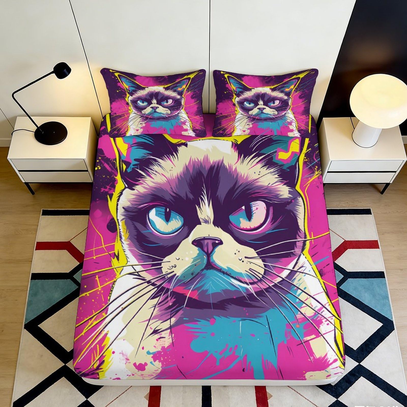 3D Printed Pop Art Cat Fitted Sheet Microfiber Soft Decorative Graffiti Bed Cover for Bedroom Guest Room Easy Care 90x200x25cm