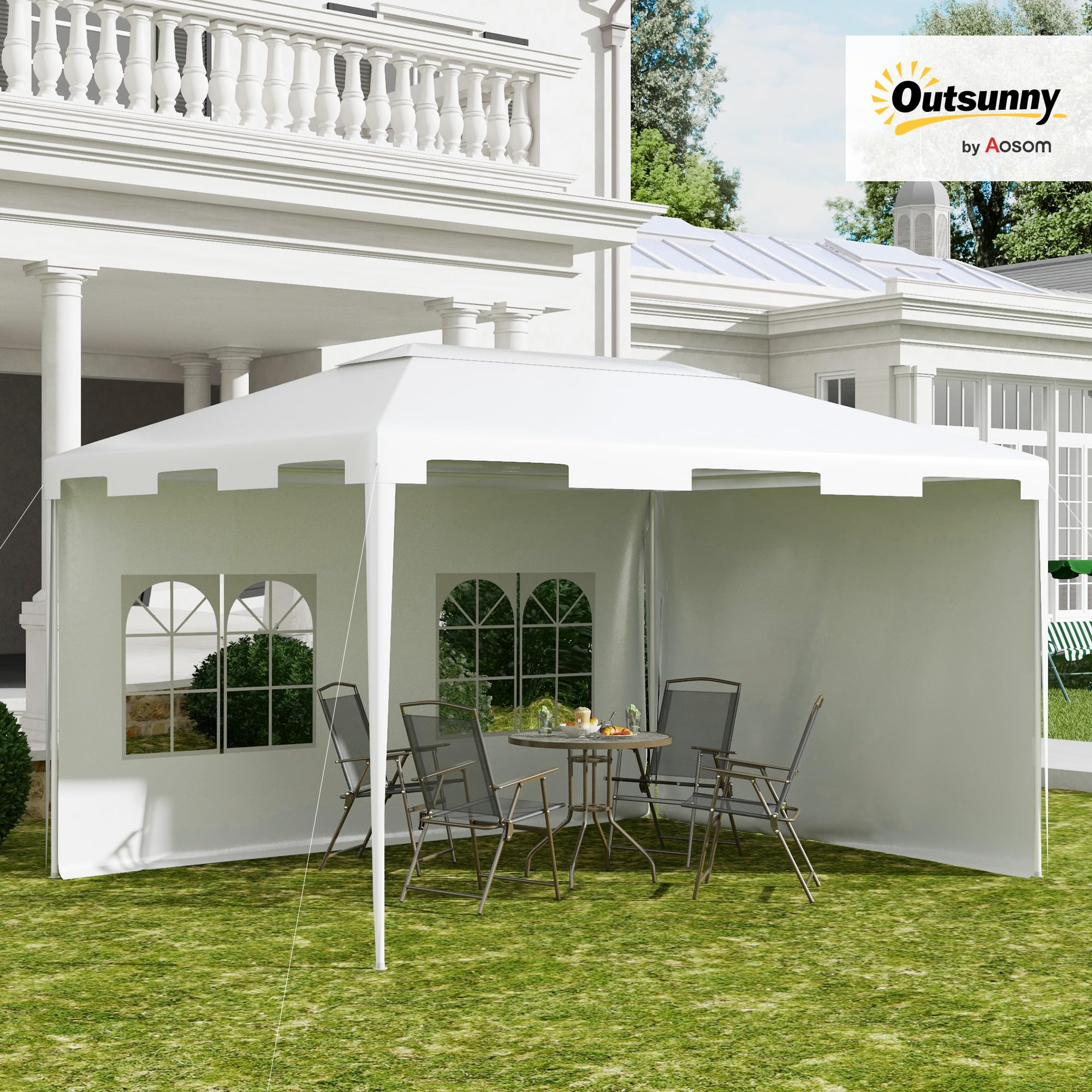 Outsunny Carpa de Jardín 4x3 m Cenador Desmontable Exterior con 2 Ventanas 2 Paneles Laterales y Marco de Acero Resistente al Agua Anti-UV Gazebo para Patio Terraza Blanco