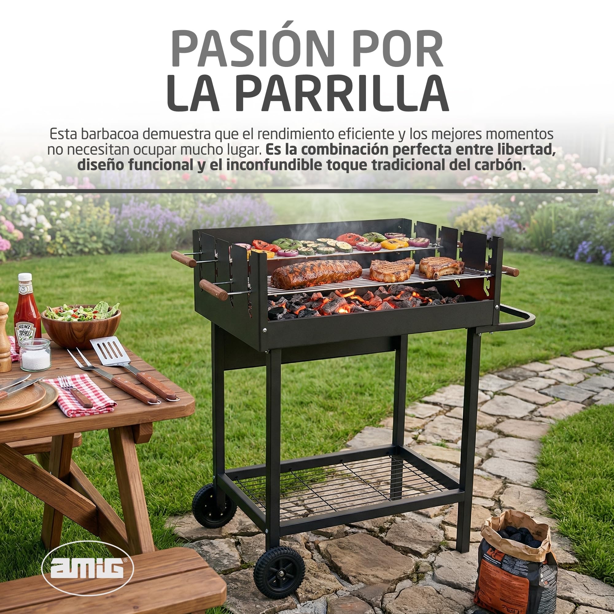 Amig - Barbacoa de carbón - 94 x 51 x 93 cm - Negro - Fabricado en Acero - para jardín y patio con uso familiar y reuniones con montaje sencillo limpieza cómoda y calidad consistente. Mod. DRAKEN