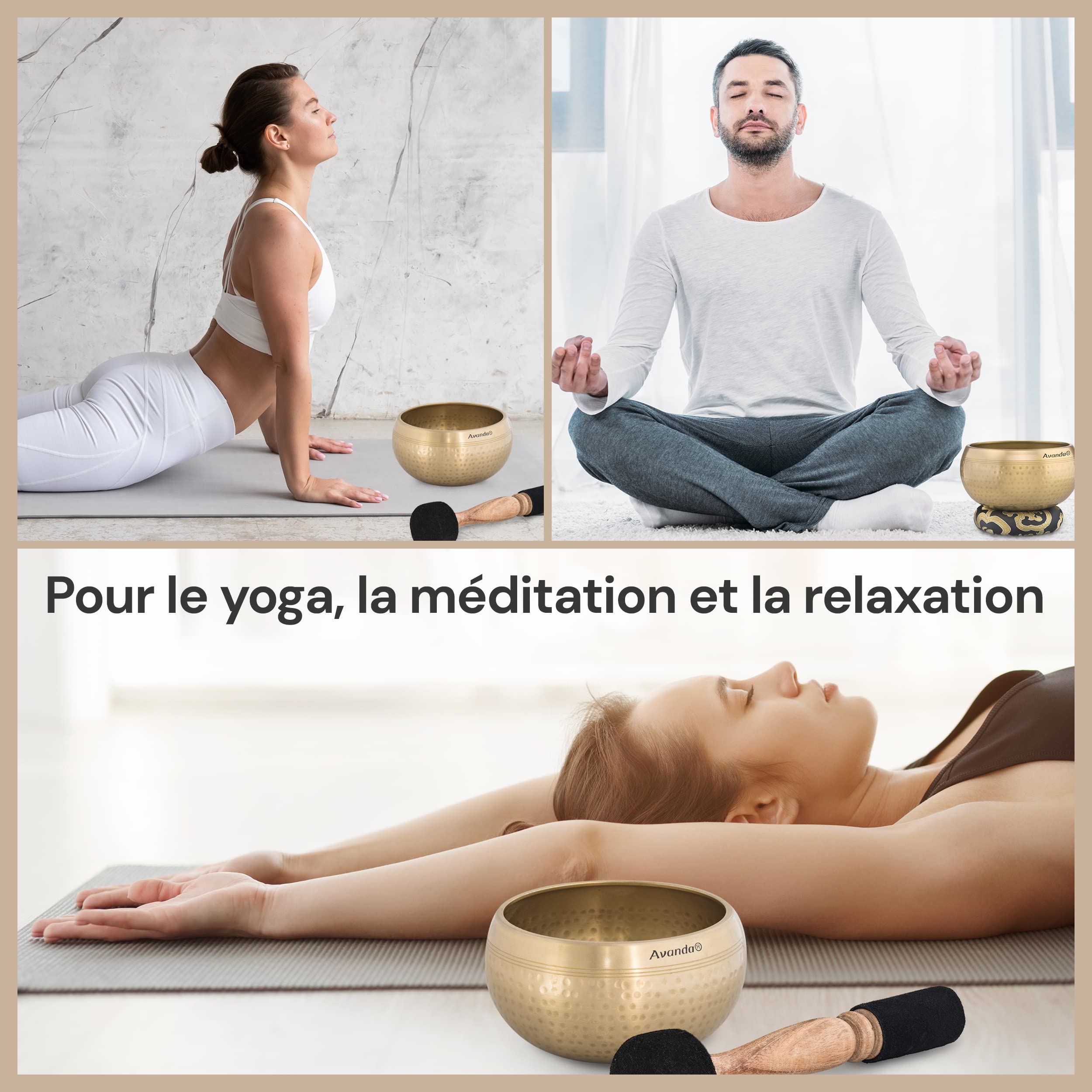 Lot de Bol Chantant Tibétain pour Yoga, Méditation et Détente - Bol Chantant Tibétain Martelé Ø 13,5 cm, Double Maillet avec Feutre et Cuir, Coussin d'Anneau, Sac et Instructions