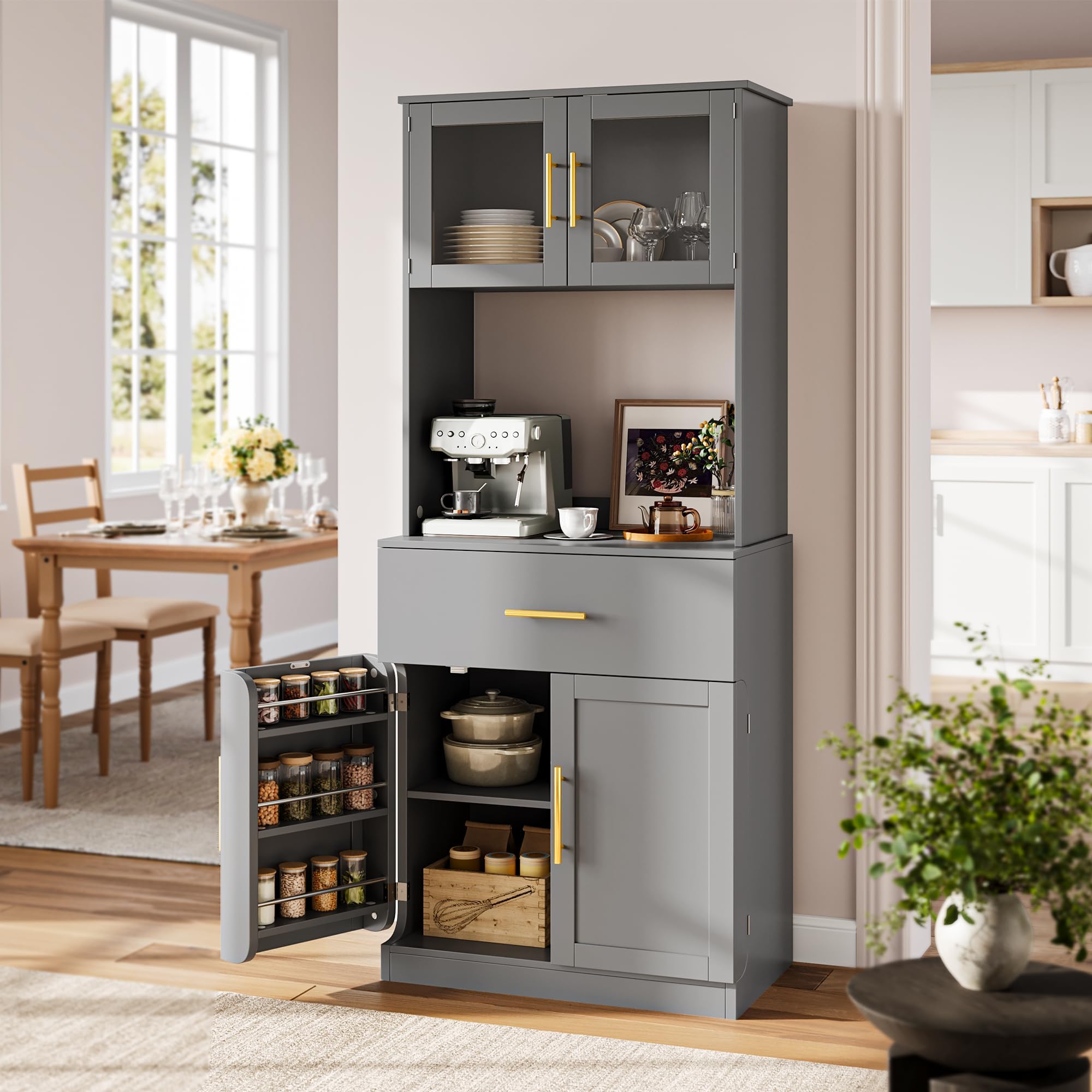 YITAHOME Küchenschrank 180cm Hochschrank mit Glastür Schublade (Grau)