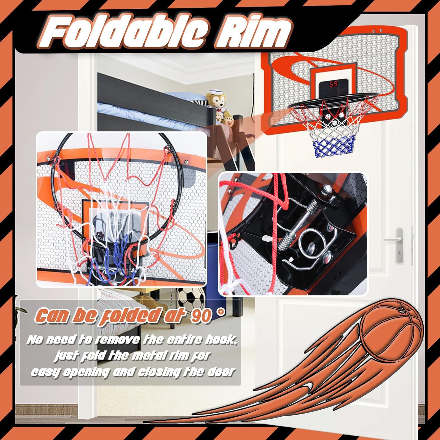 TEUVO Mini Basketbal Hoop Speelgoed voor Kinderen Leeftijd 8 9 10 11 12 Jaar Oud, Indoor Basketbal Hoop Over de Deur met 4 Ballen voor Slaapkamer