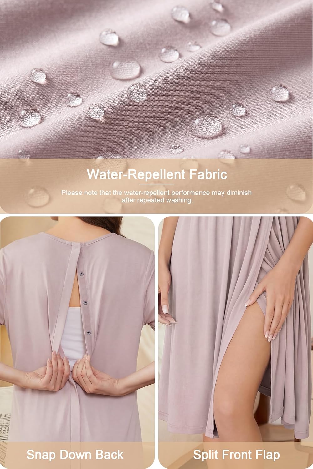 OUGES Stain Resistant Fabric Labor/Delivery/Hospital Gown Maternity Dress Wrap V Neck Snap Down Back Nursing Nightgown
