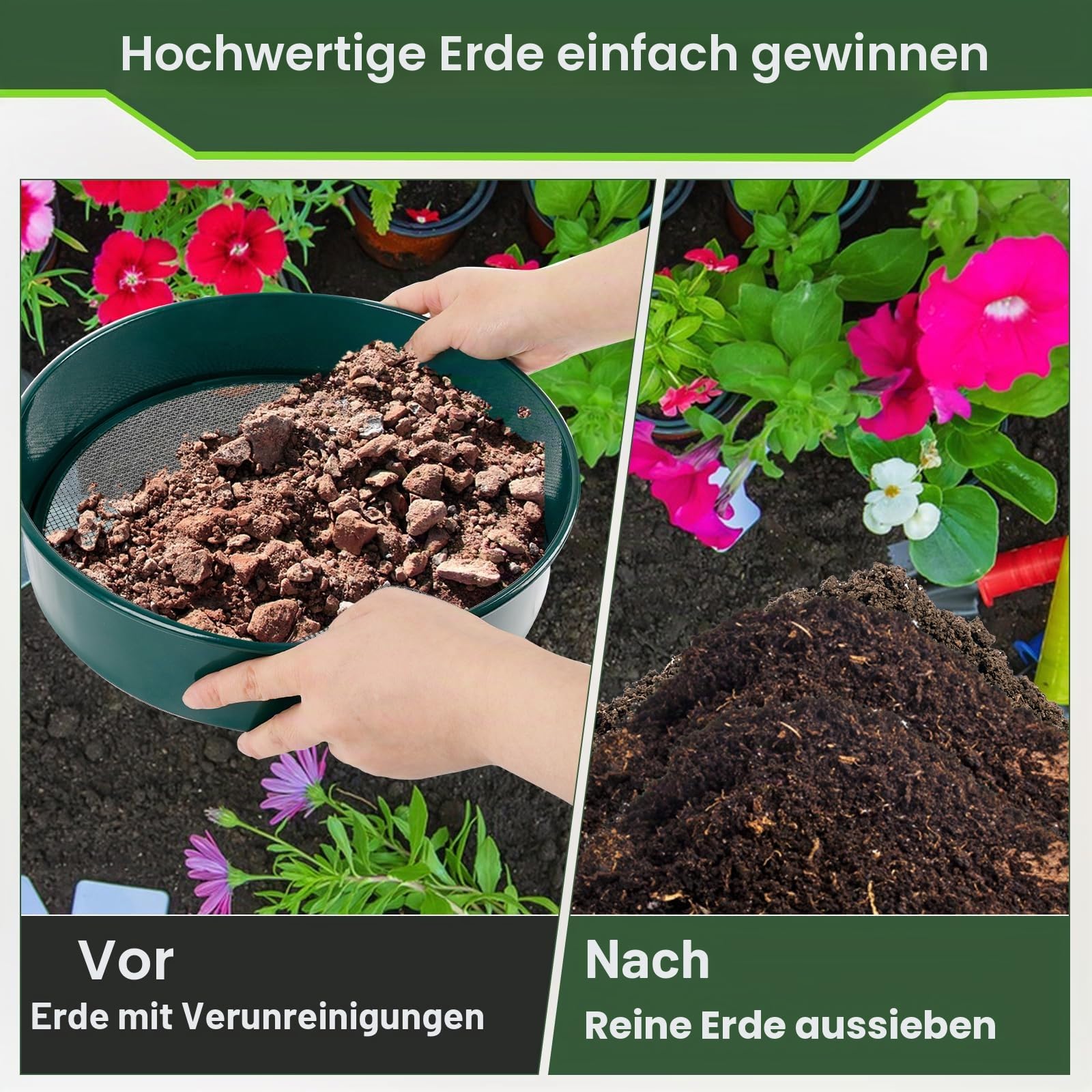 CDIYTOOL 8pcs Gartensieb Set, 30cm Rund Erdensieb Garten Potting Mesh Sieb mit 5 Filtern 3/5/8/10/12mm für Erde, Steine, Unkraut, Katzenstreu, Kompost