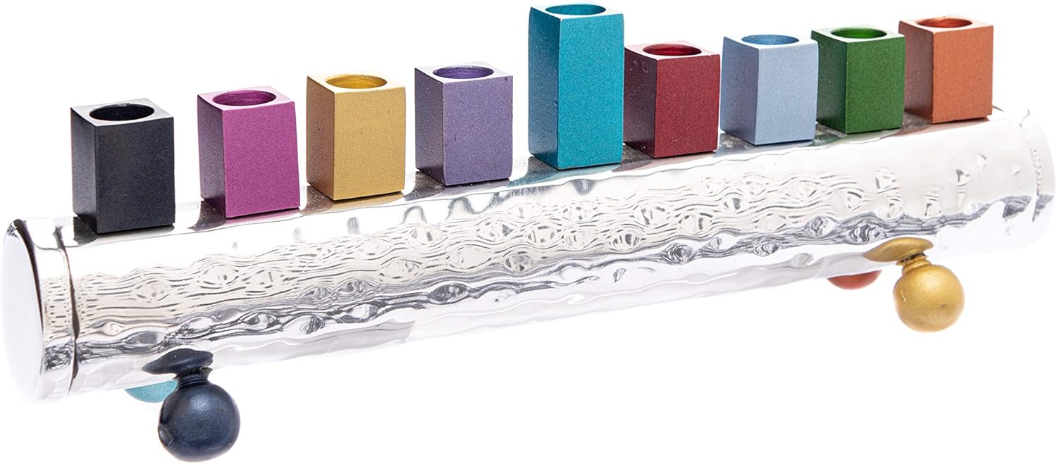 Yair Emanuel Round Strip Menorah - Multicolor - Hammered Metal