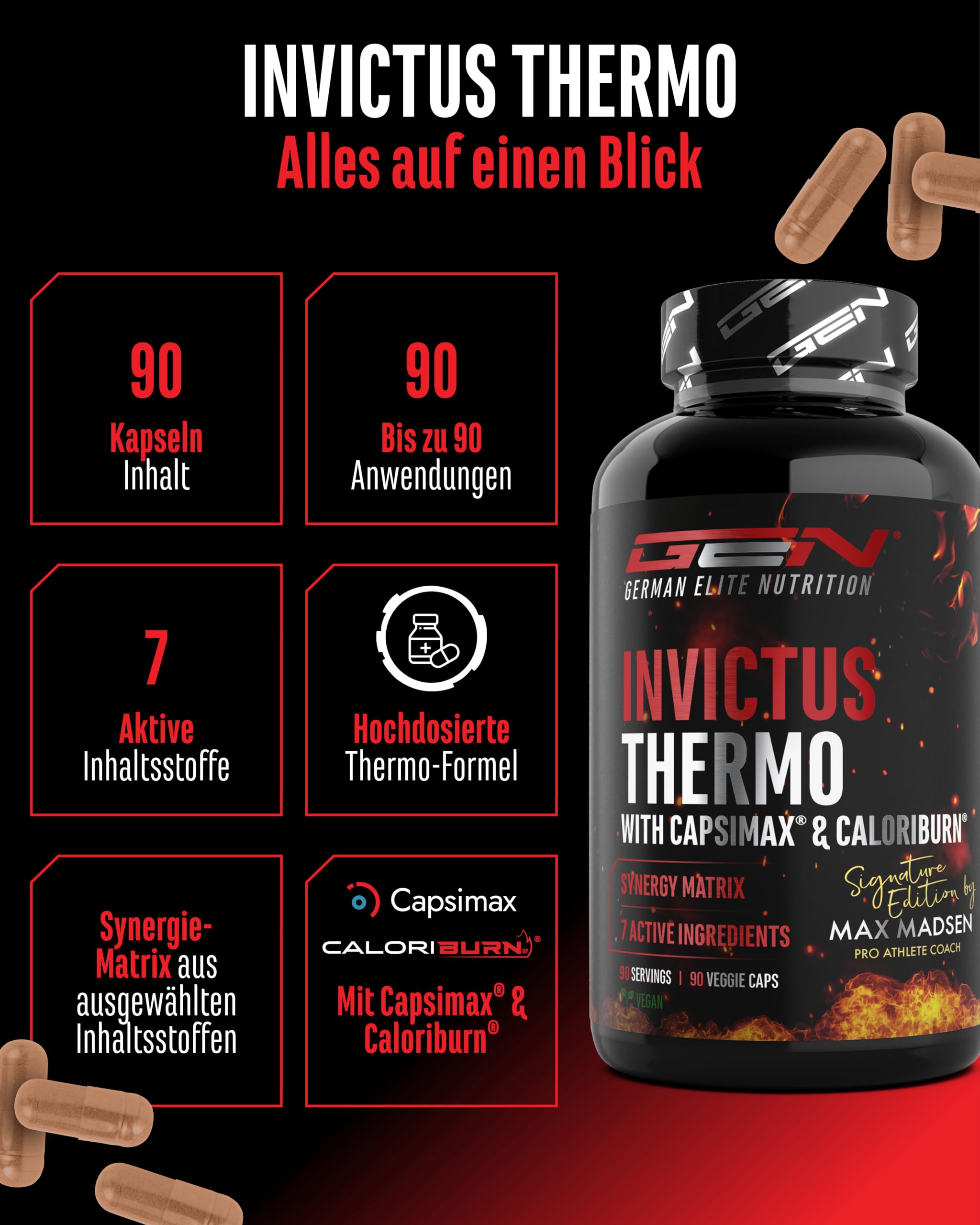 GEN GERMAN ELITE NUTRITION Invictus Thermo vegane Kapseln, 90 Stück | Hochdosierte Thermo Formel, Mit Capsimax® & CaloriBurn®, Grüntee-, Olivenblatt-, Guggul- & Braunalgen-Extrakt, Ohne Koffein