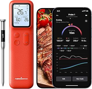 ThermoMaven P1 Smarte Fleischthermometer Kabellose – 152m Bluetooth 5.3, 1 Sonde 6 Sensoren, Unbegrenzte WLAN Überwachung Stabilität, IPX8 Wasserdicht, Grill Ofen Küche Lebensmittel Heißluftfritteuse