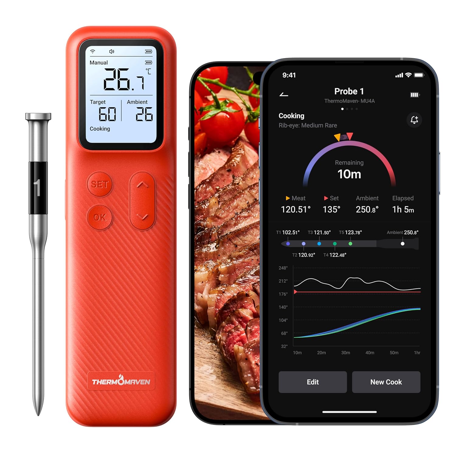 ThermoMaven P1 Smarte Fleischthermometer Kabellose – 152m Bluetooth 5.3, 1 Sonde 6 Sensoren, Unbegrenzte WLAN Überwachung Stabilität, IPX8 Wasserdicht, Grill Ofen Küche Lebensmittel Heißluftfritteuse - Amazon product rated Grade A