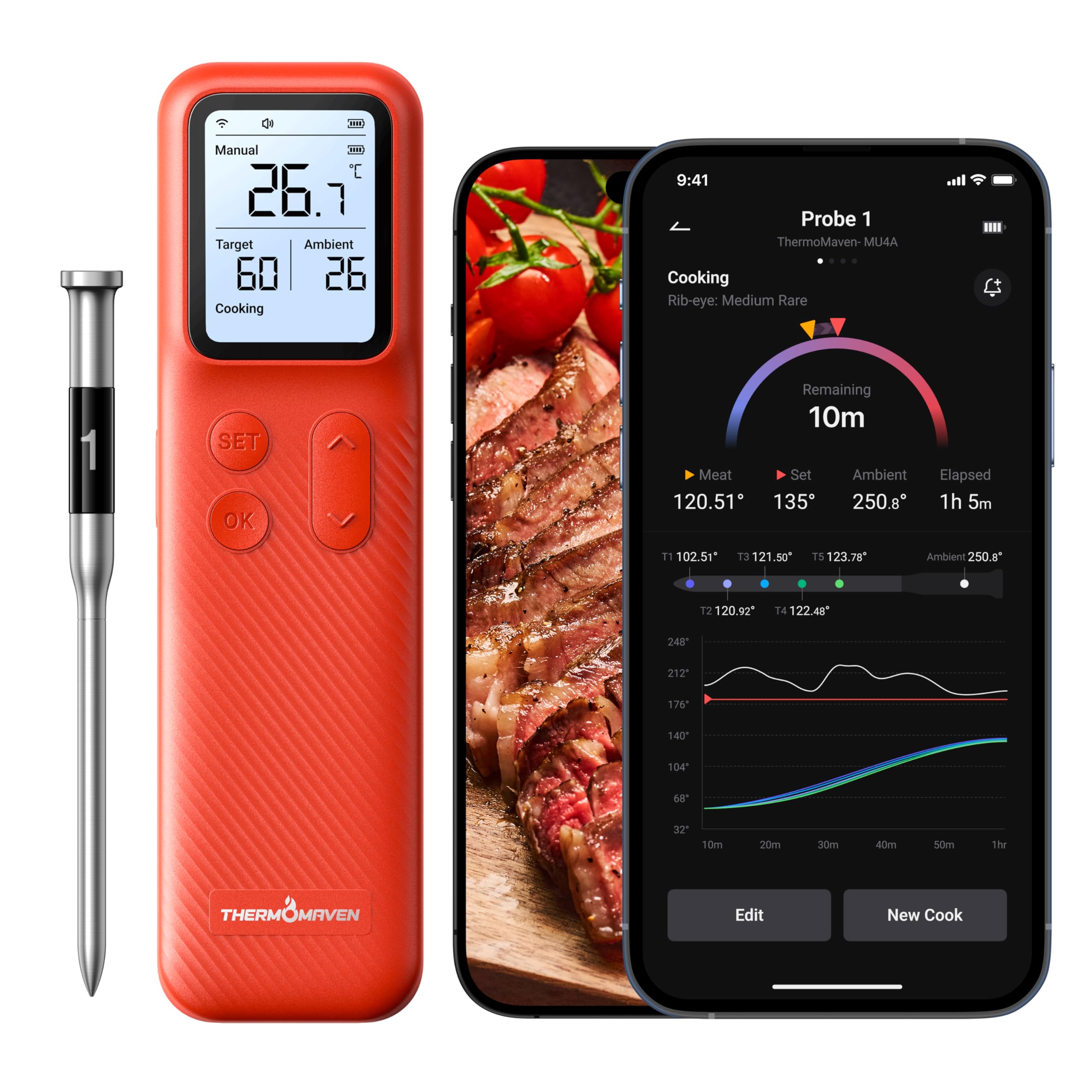 ThermoMaven P1 Fleischthermometer kabellos, Grillthermometer mit WiFi & Bluetooth 5.3, App & Display, 6 Sensoren, ±0,3 °C Genauigkeit, IPX8, 48 h Akku, Bratenthermometer für Grill, Backofen & Smoker