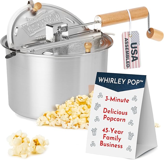 Original Whirley Pop Popcorn Maker - 6 Quart Popcorn Popper, Metal Gears, Wabash Valley Farms Stove Top, Gourmet Popcorn Pot, Culinary Popcorn Popper (Stainless Steel)