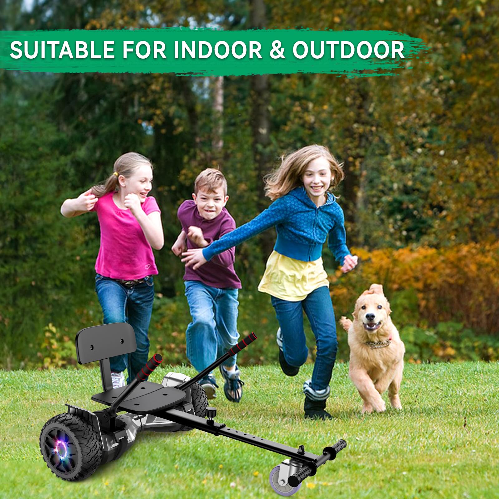 Hoverboard with Seat, deskorolka elektryczna All-Terrain z hoverkart, 8,5 cala gokart z samobalansującą hulajnogą, off-road hoverboard z głośnikiem Bluetooth, LED, prezent dla dzieci