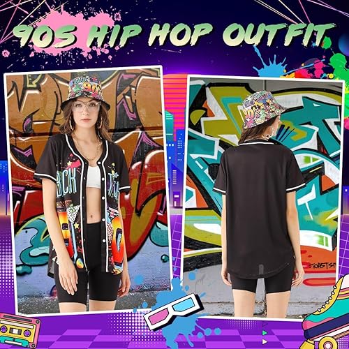 Miniatura 4 de Traje de los años 80 y 90 para mujer, disfraz unisex de hip hop, camiseta de béisbol, pantalones de yoga, sombrero de pescador, cadena dorada,