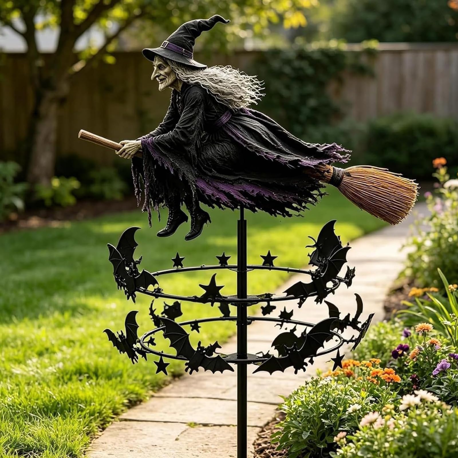The Enchanted Witch Garden Wind Spinner,Outdoor Metal Halloween Yard Art Decor, Whimsical Garden Stake Decoration, Halloween Lawn Ornament for Garden Patio Pathway Fall