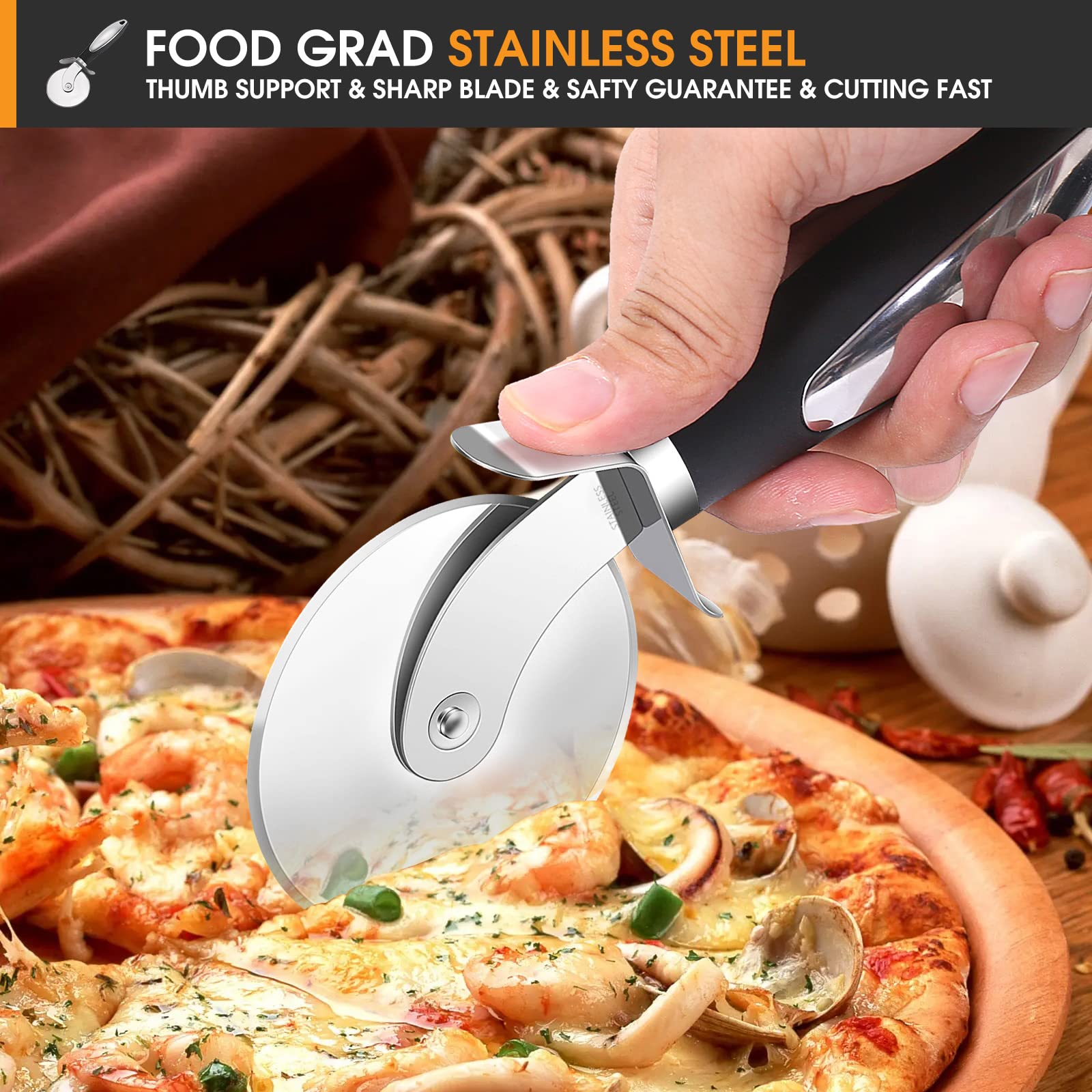 Rueda Cortador Pizza de Acero Inoxidable, Corta Pizza Multifuncional, Cortador de Pizza Profesional de 8.3 pulgadas con Mango Antideslizante | Negro