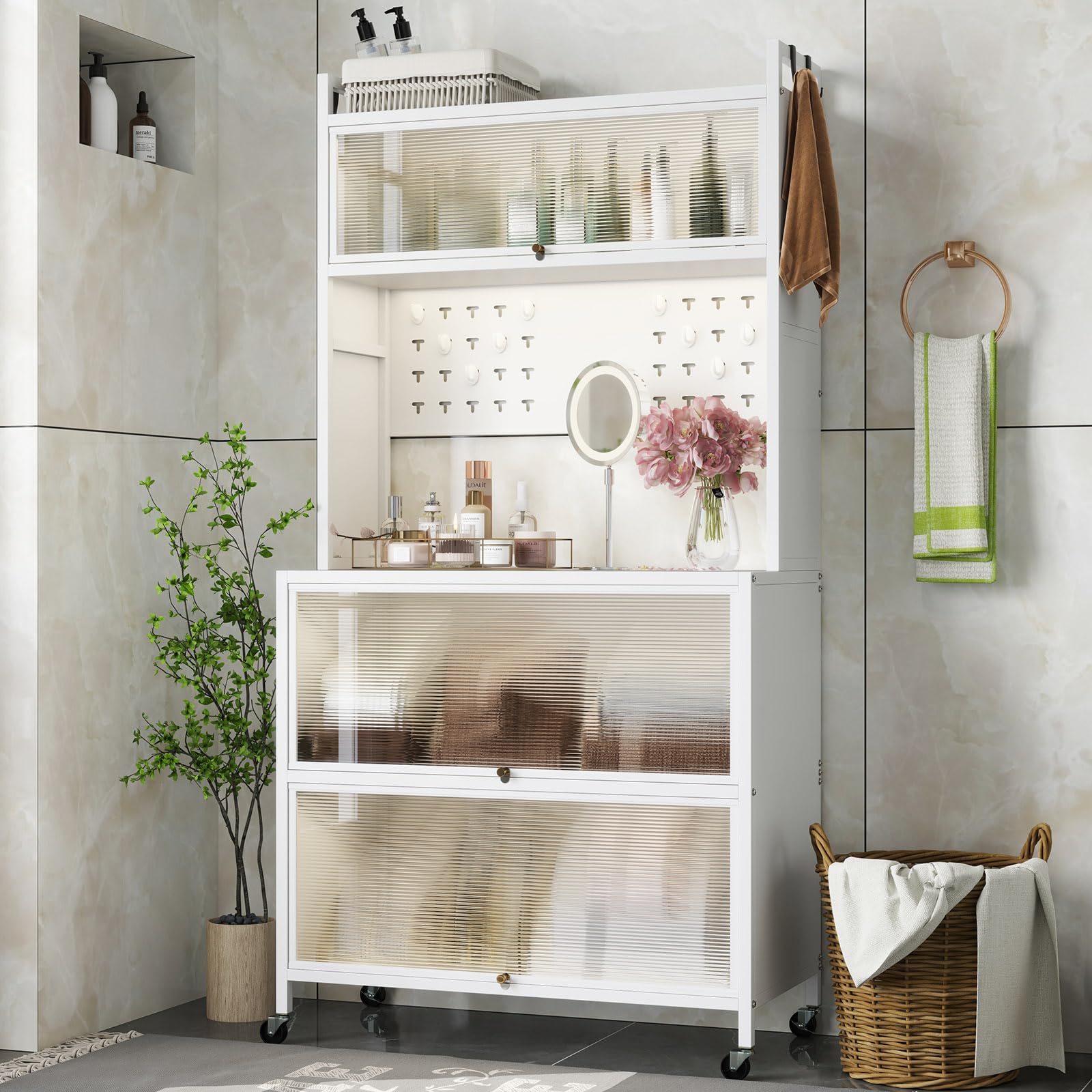 KOMFOTTEU Buffet Haut, 5/6 Niveaux, Meuble Rangement de Cuisine avec 4 Crochets & 10 Chevilles, Étagère de Cuisine en Fer, avec Armoire à Porte, 4 roulettes universelles (80 x 40 x 160 cm, Blanc)