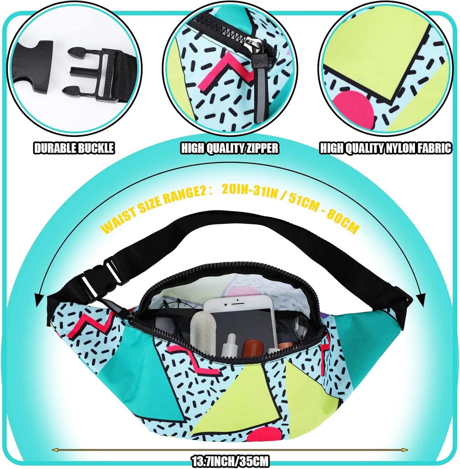 Sotiff 2 Pcs 80s 90s Fanny Pack Retro Waist Packs for Men Women Adjustable Casual Waist Bag Neon Cute Vintage Hiking Belt Bags for Travel Party Festival Hiking(Neon Style) - Image 2