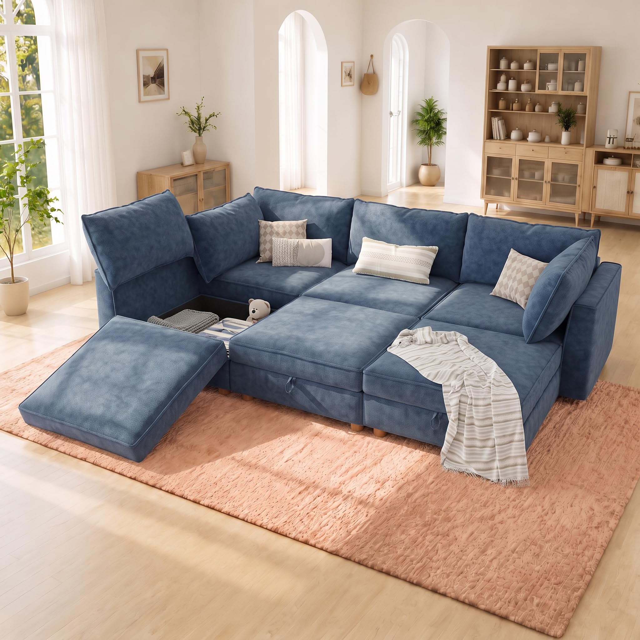 99" Chenille Modular Sofa Bed with Washable Covers &amp; Storage, 6-Seater Modular Sectional Sleeper Sofa Bed with Movable Ottoman Chaise, Convertible Sleeper Sectional Couches for Living Room, Blue